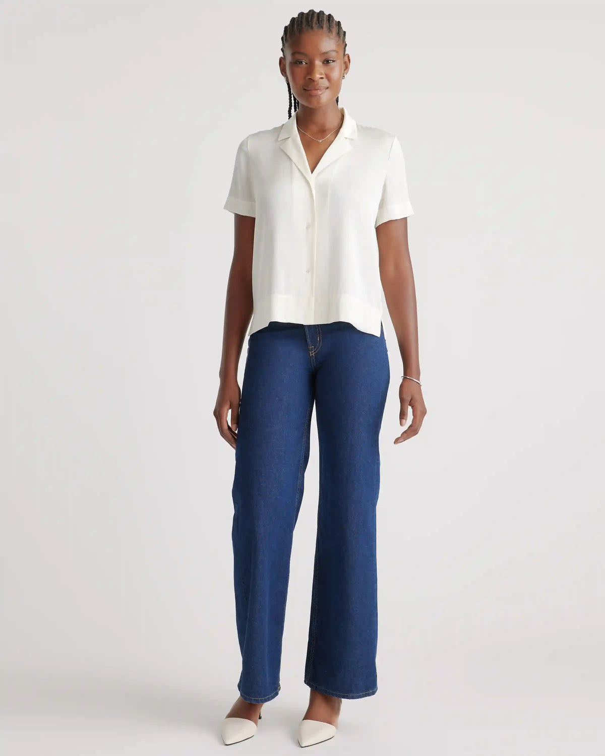Washable Stretch Silk Short Sleeve Notch Collar Blouse