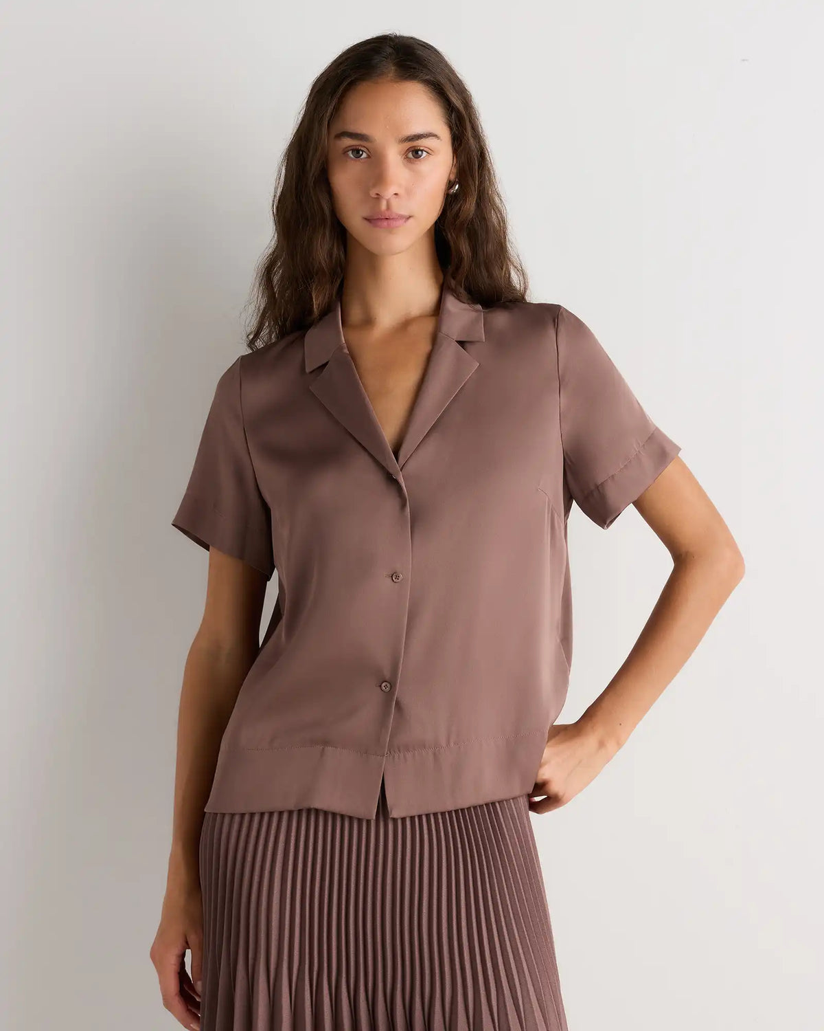 Washable Stretch Silk Short Sleeve Notch Collar Blouse