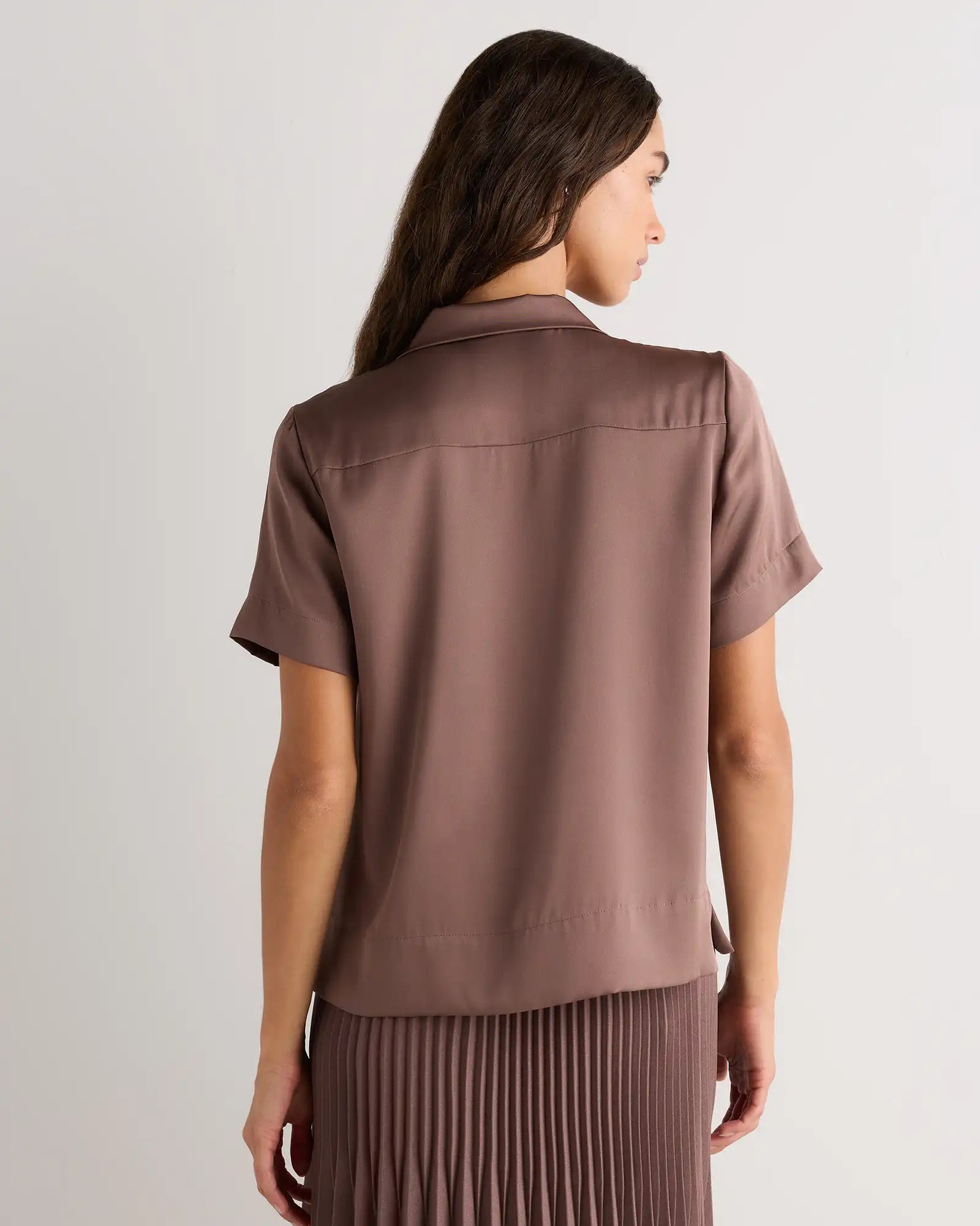 Washable Stretch Silk Short Sleeve Notch Collar Blouse