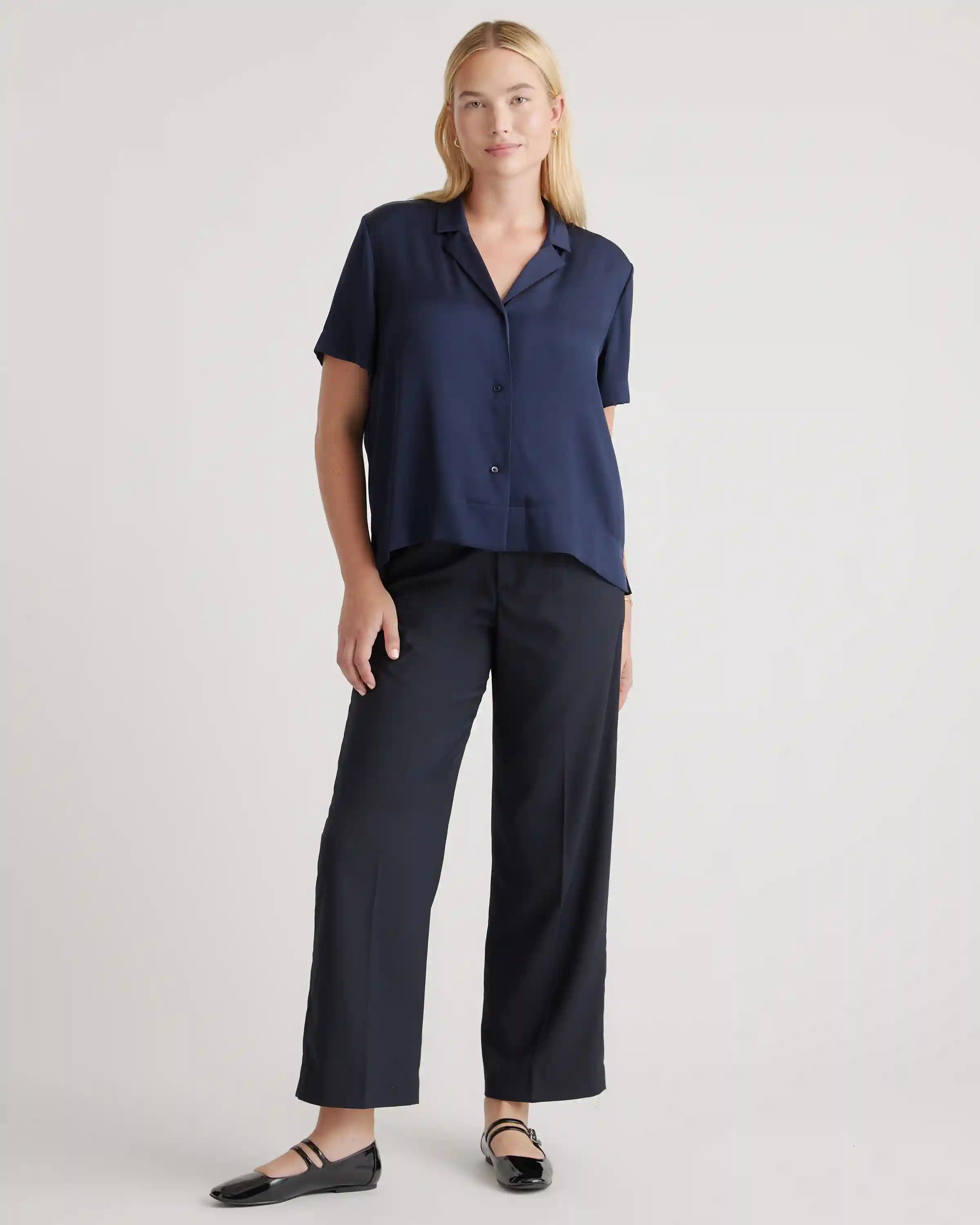 Washable Stretch Silk Short Sleeve Notch Collar Blouse