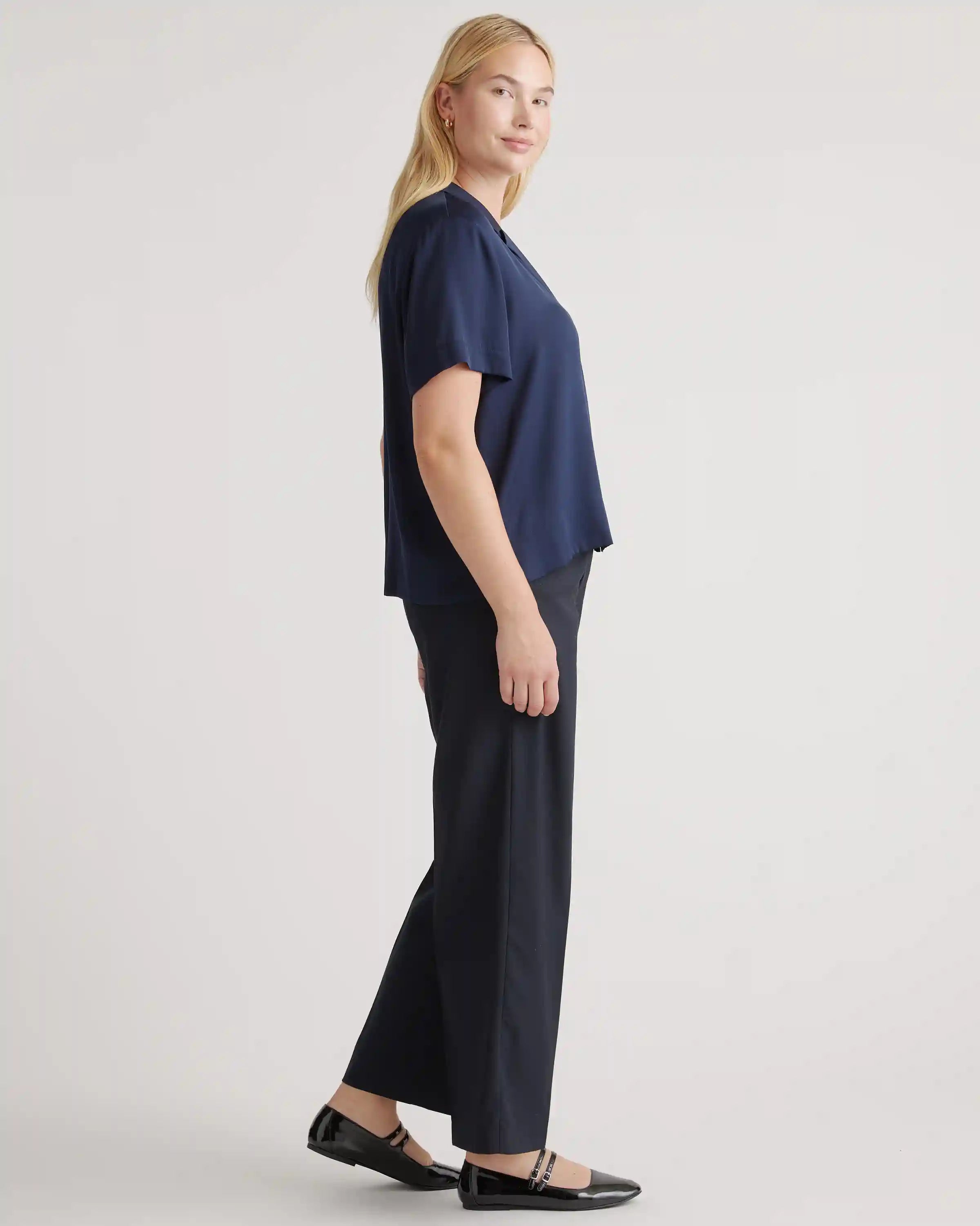 Washable Stretch Silk Short Sleeve Notch Collar Blouse