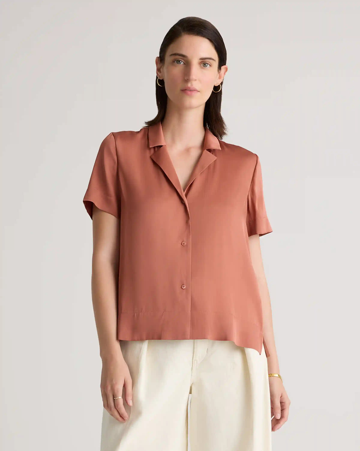Washable Stretch Silk Short Sleeve Notch Collar Blouse