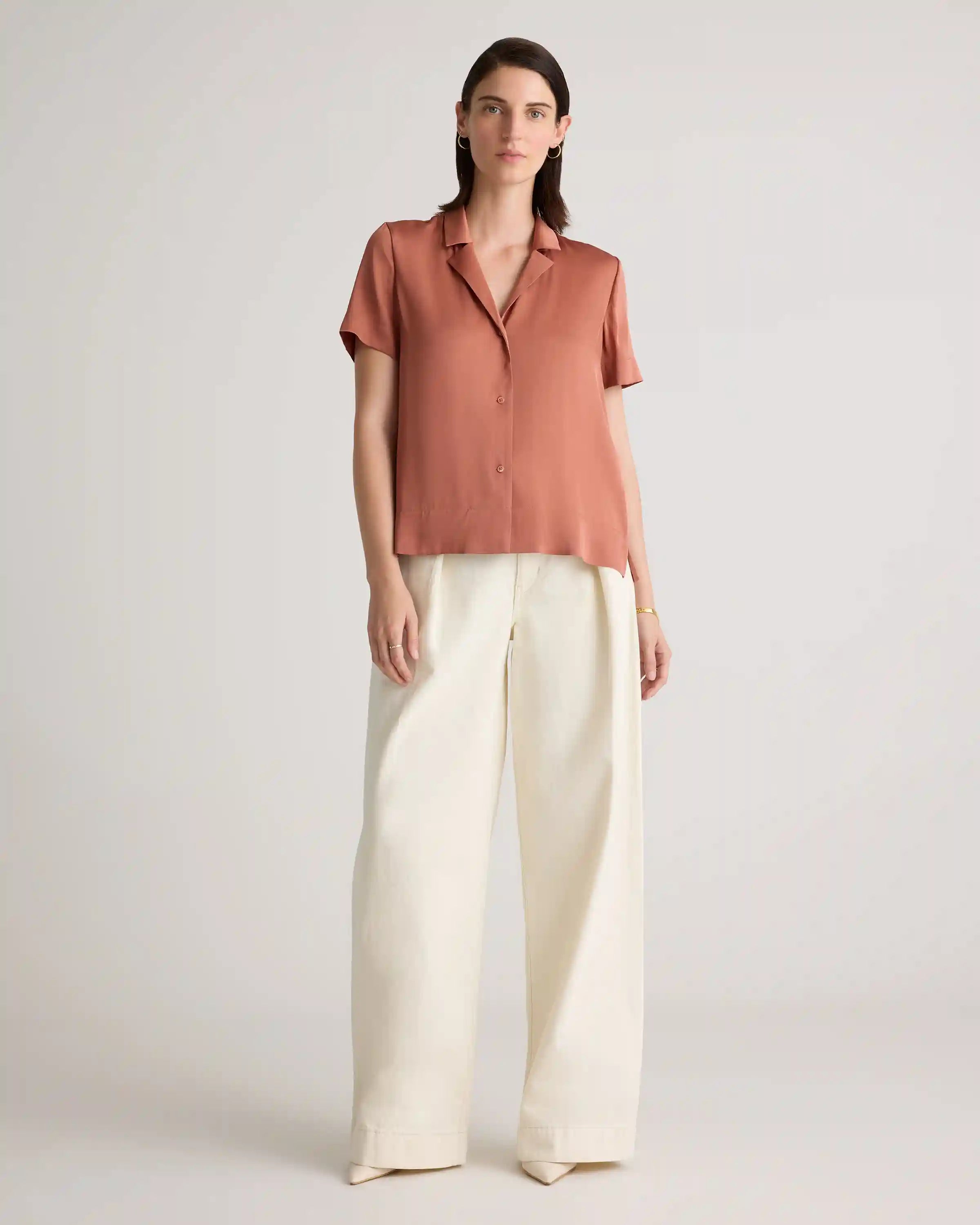 Washable Stretch Silk Short Sleeve Notch Collar Blouse