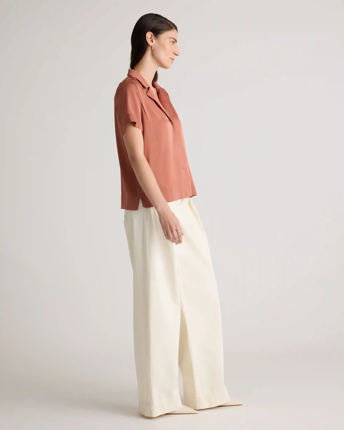 Washable Stretch Silk Short Sleeve Notch Collar Blouse