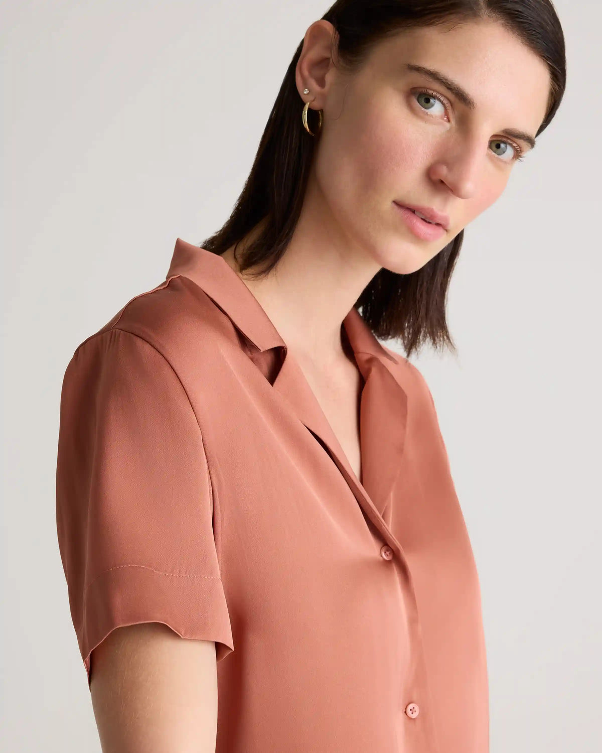 Washable Stretch Silk Short Sleeve Notch Collar Blouse