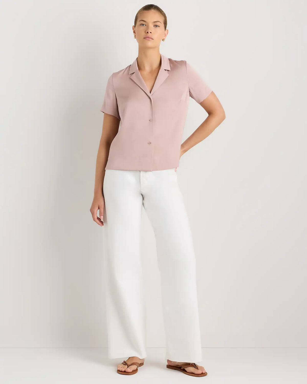 Washable Stretch Silk Short Sleeve Notch Collar Blouse