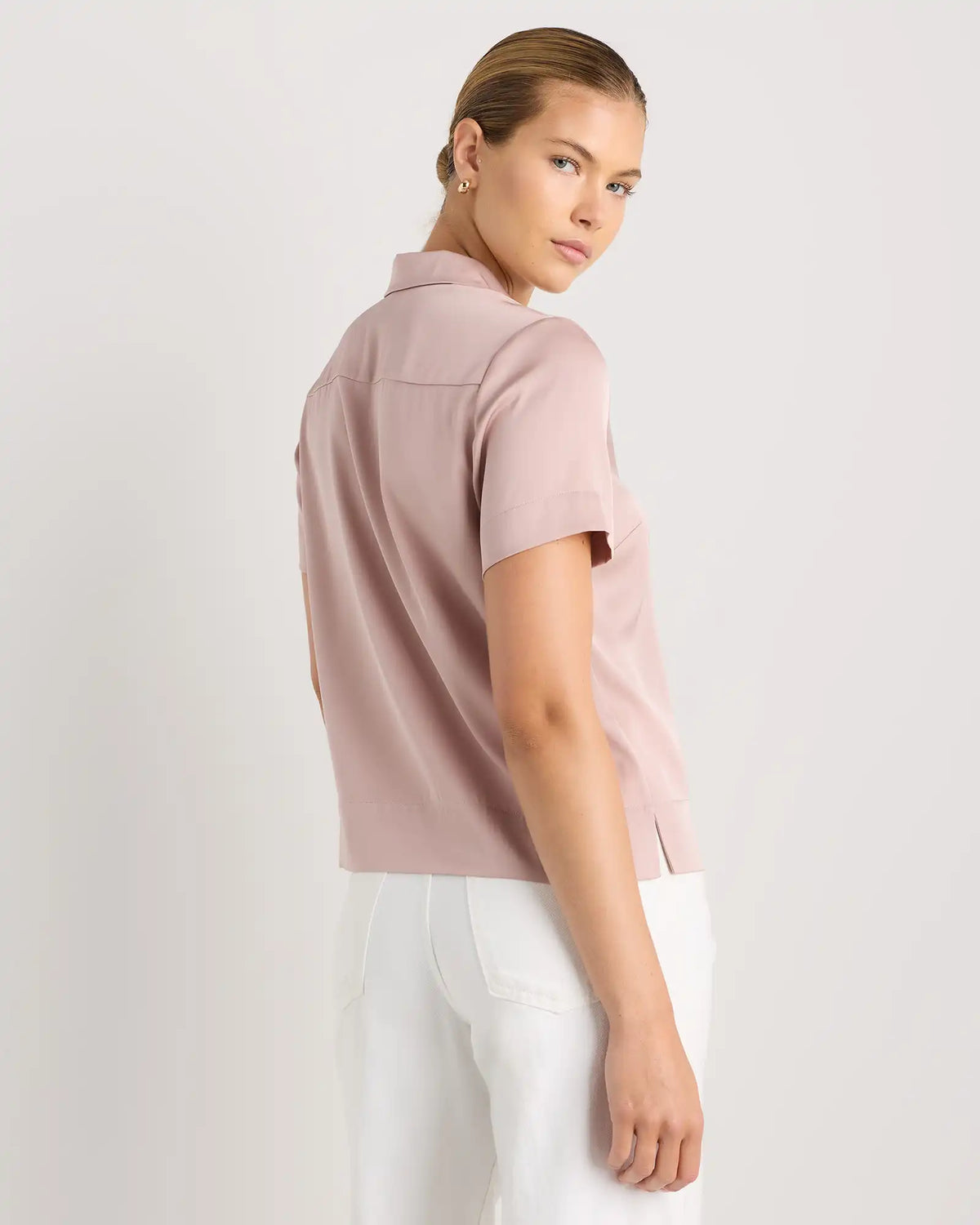 Washable Stretch Silk Short Sleeve Notch Collar Blouse
