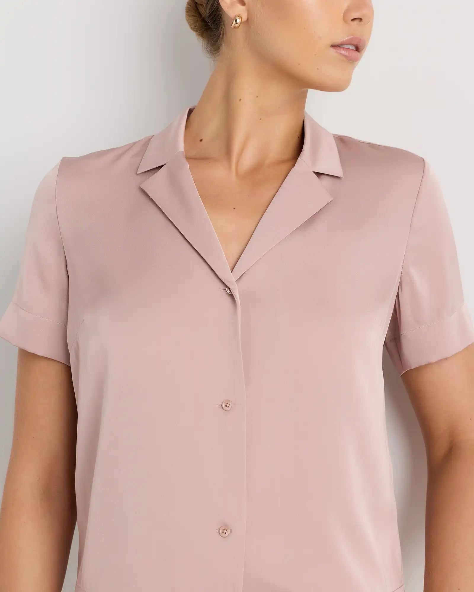 Washable Stretch Silk Short Sleeve Notch Collar Blouse