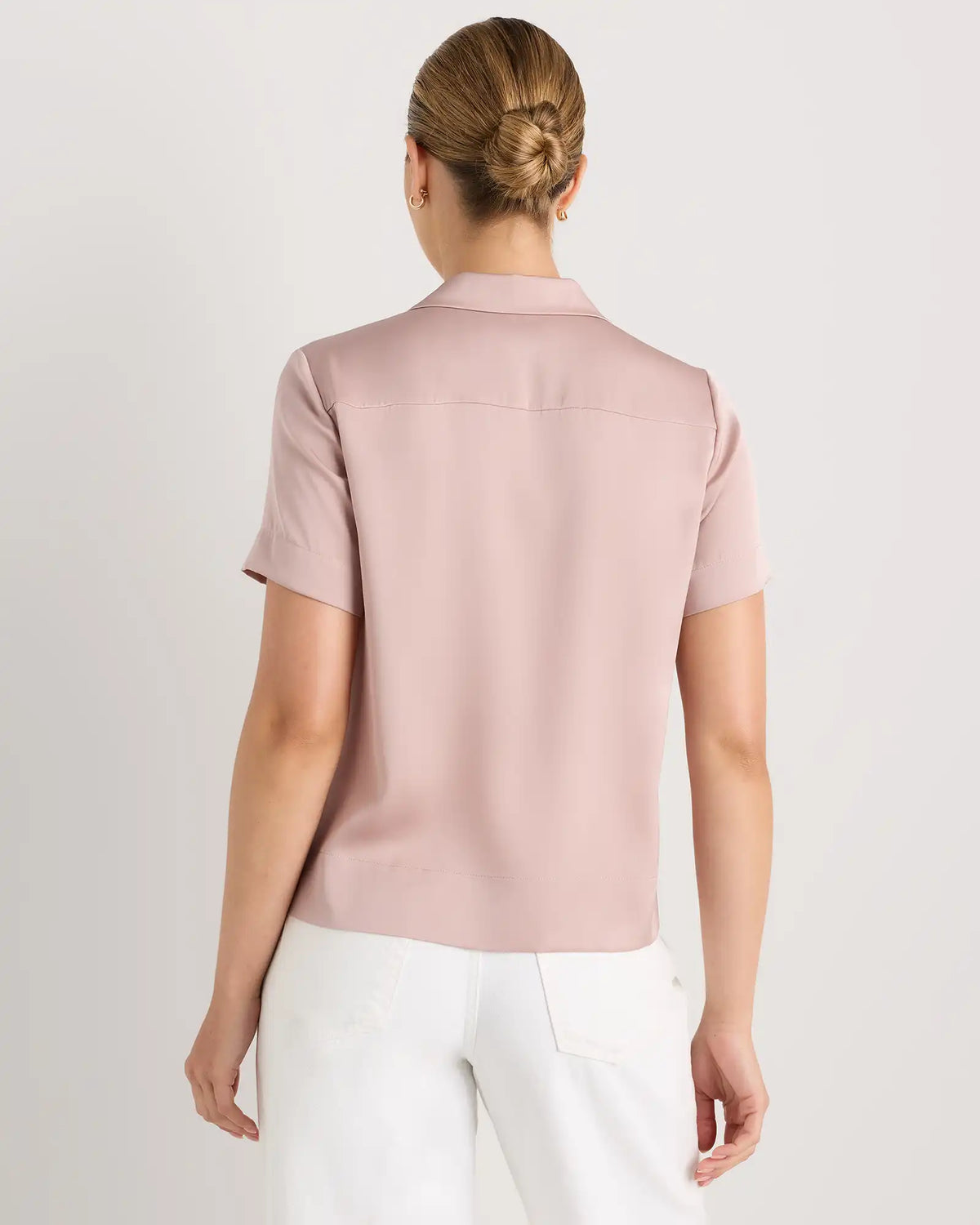 Washable Stretch Silk Short Sleeve Notch Collar Blouse