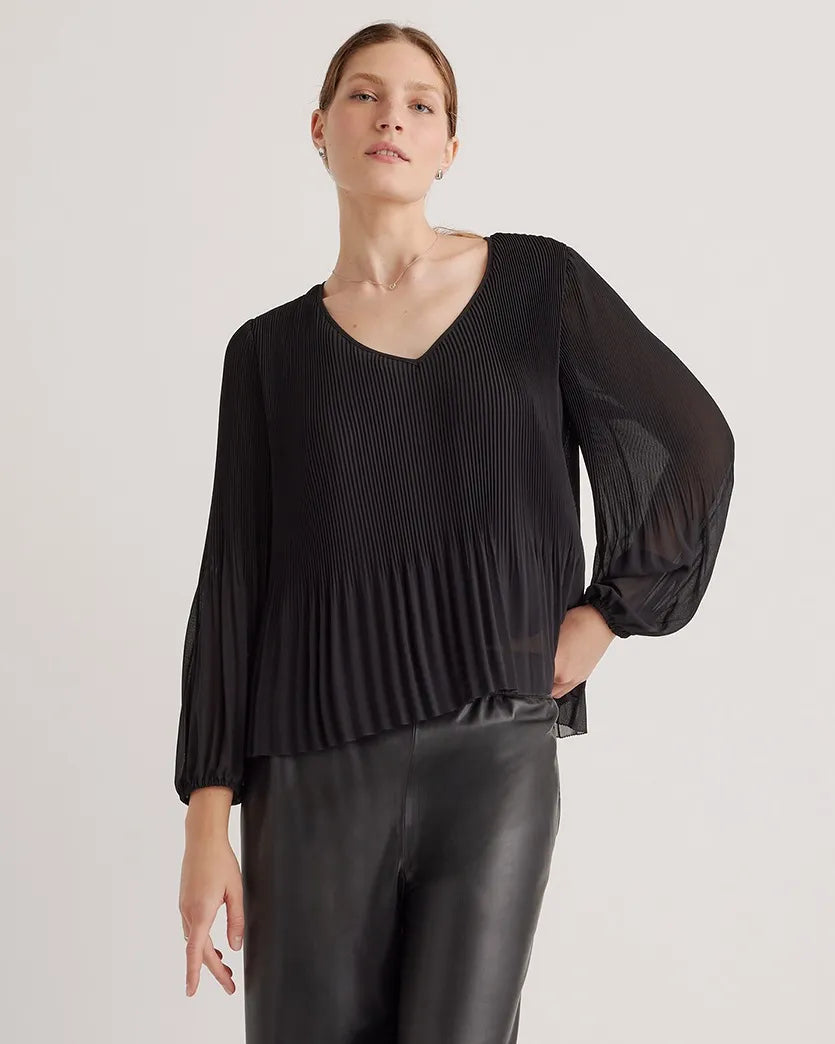 Chiffon Pleated V-Neck Blouse