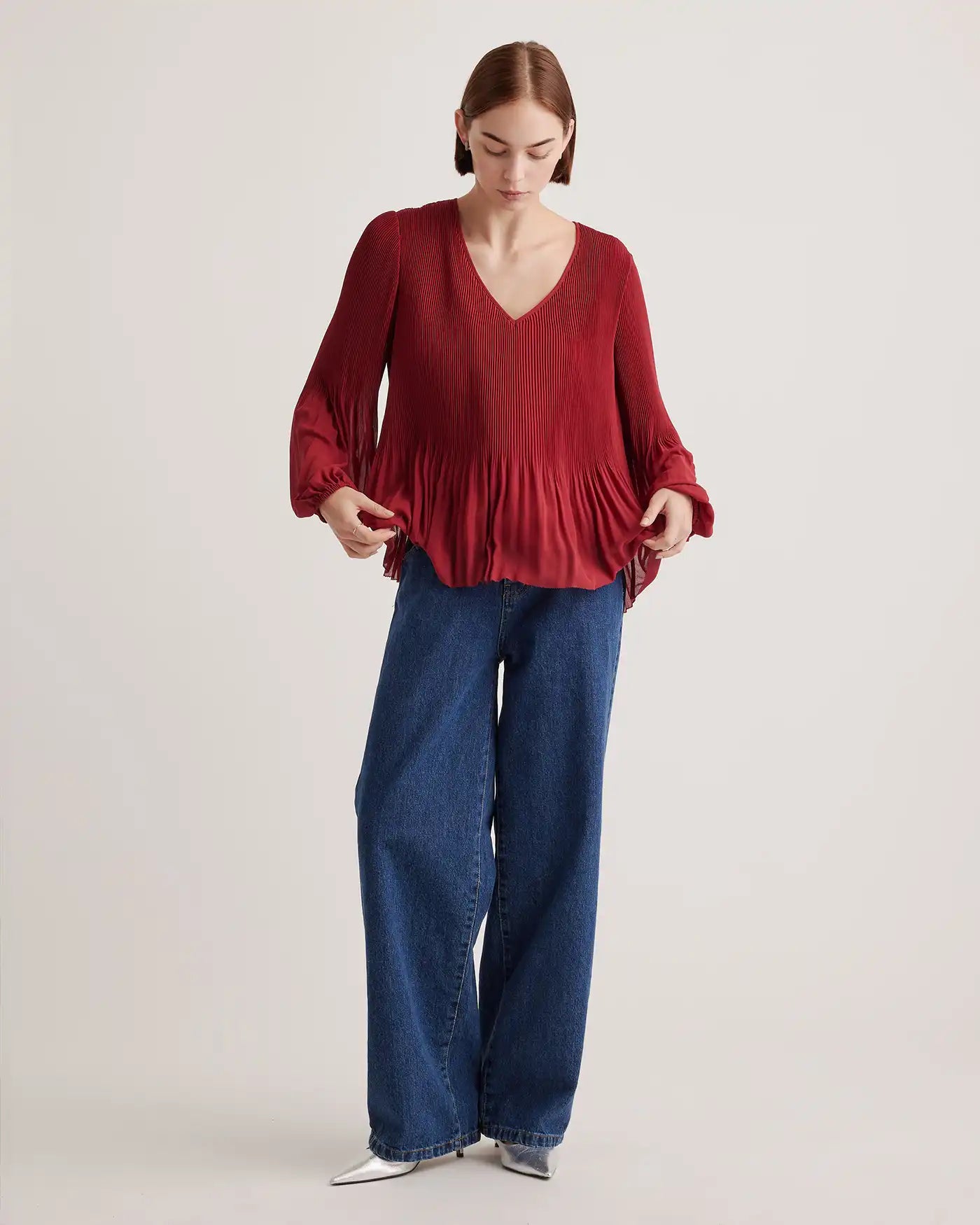 Chiffon Pleated V-Neck Blouse