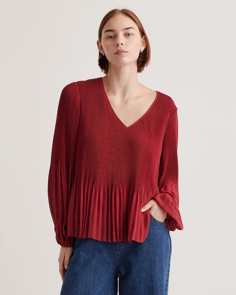 Chiffon Pleated V-Neck Blouse
