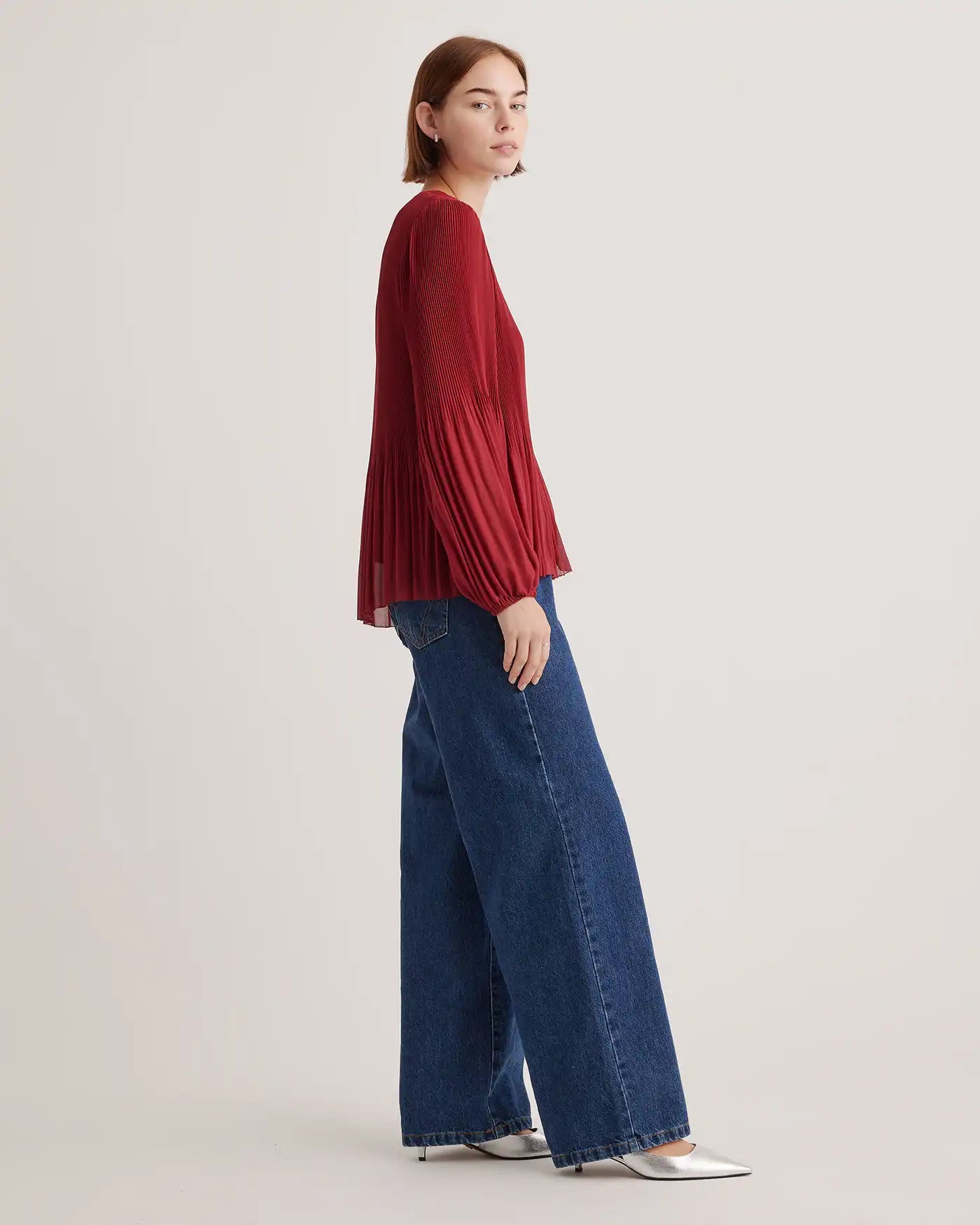 Chiffon Pleated V-Neck Blouse
