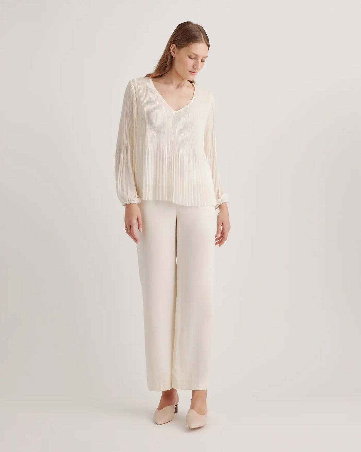 Chiffon Pleated V-Neck Blouse