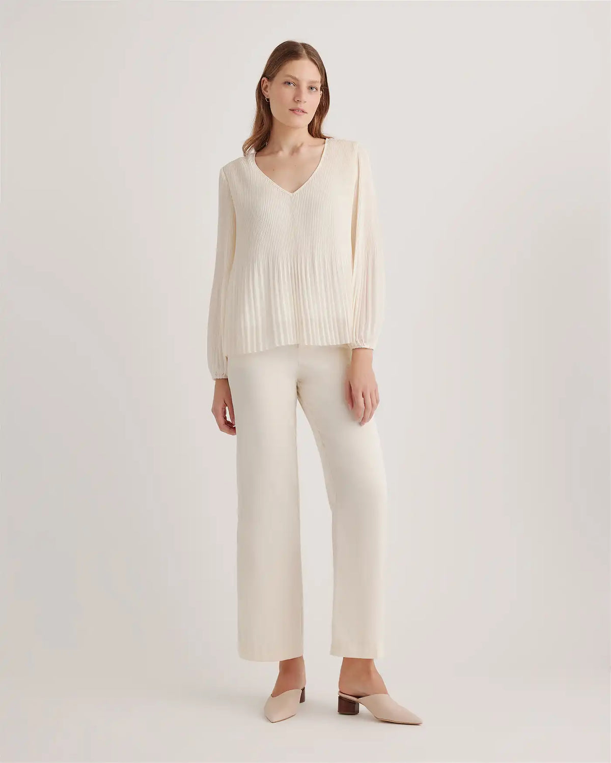 Chiffon Pleated V-Neck Blouse
