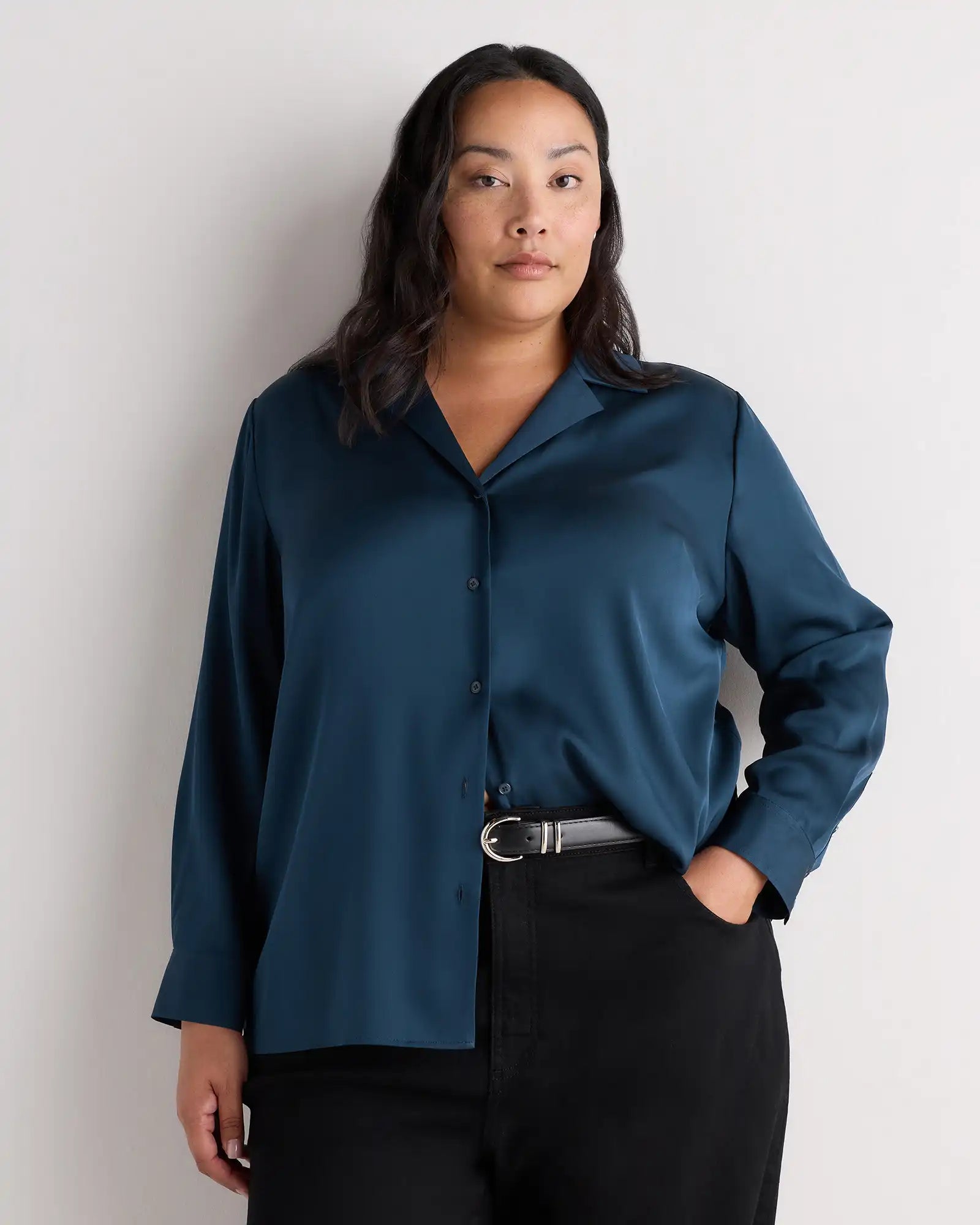 Washable Stretch Silk Notch Collar Blouse