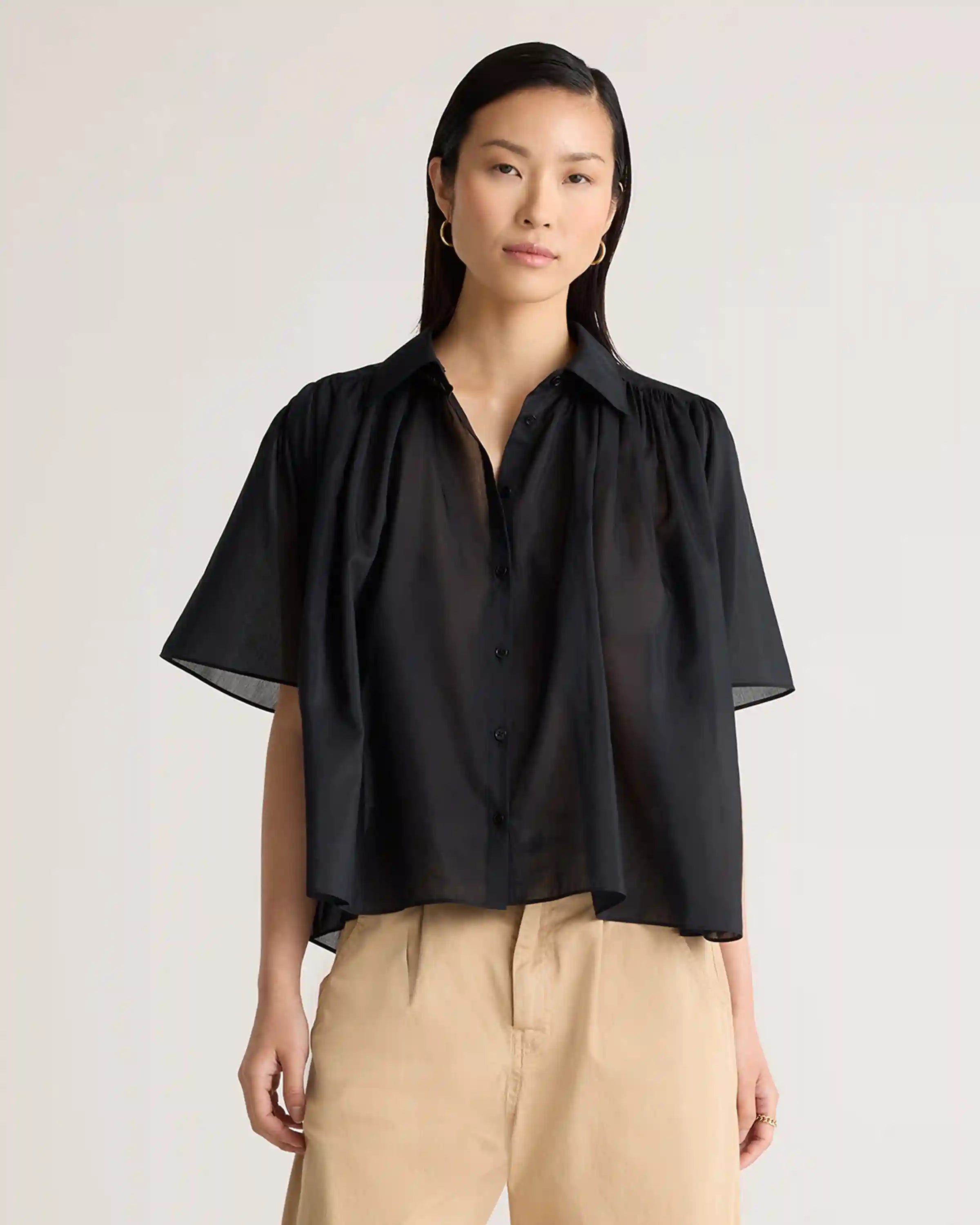 Cotton-Silk Voile Short Sleeve Blouse