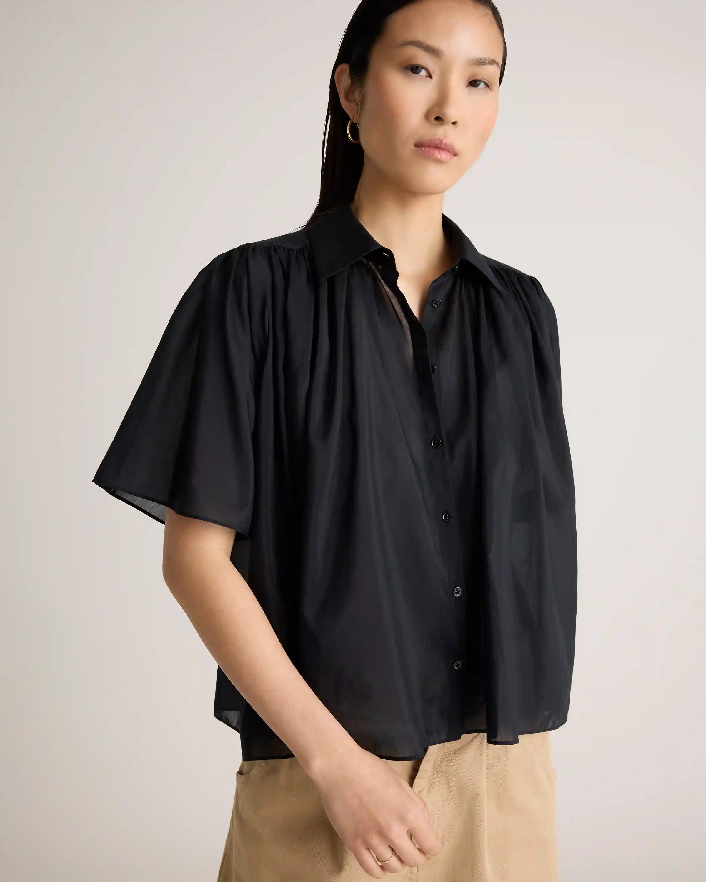 Cotton-Silk Voile Short Sleeve Blouse
