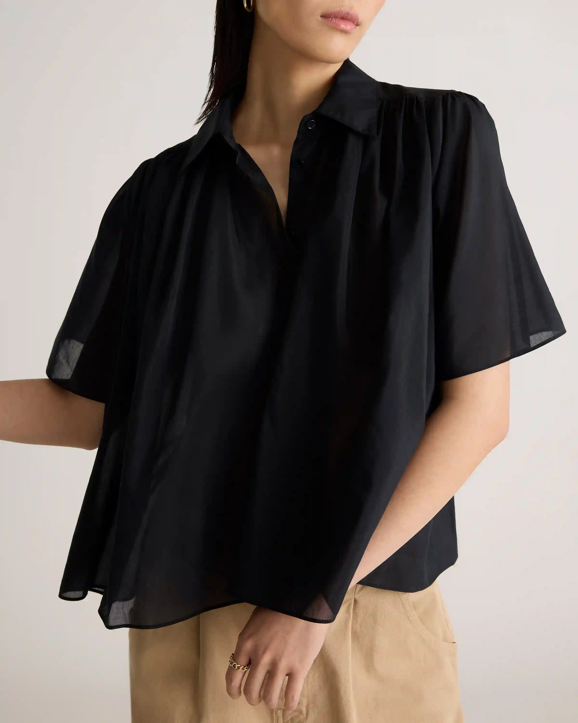 Cotton-Silk Voile Short Sleeve Blouse