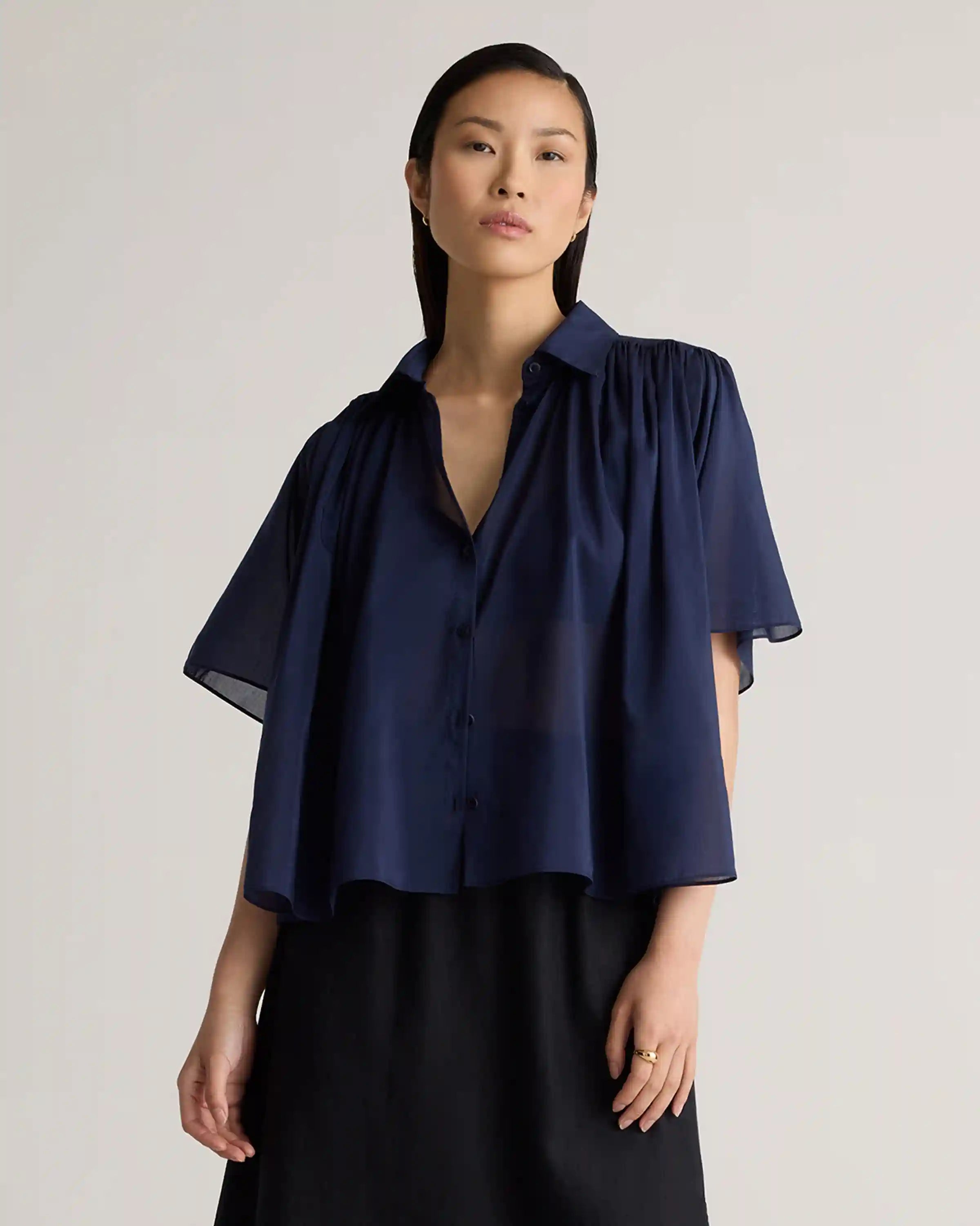 Cotton-Silk Voile Short Sleeve Blouse