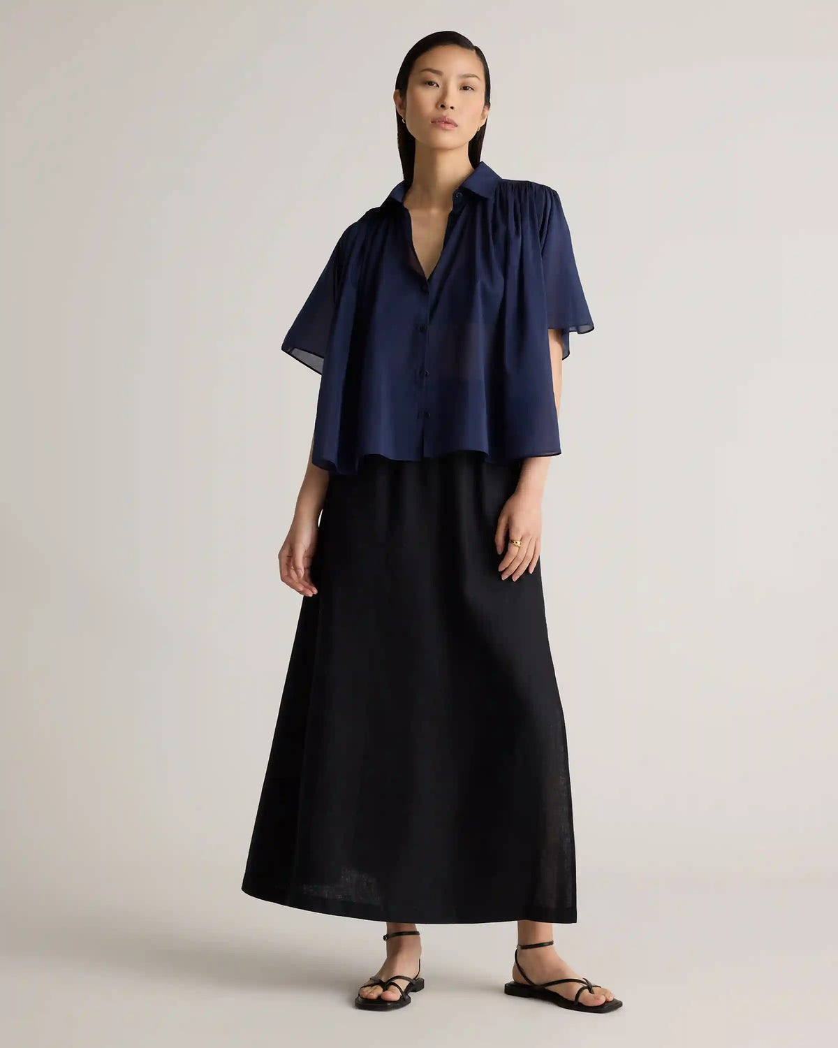 Cotton-Silk Voile Short Sleeve Blouse