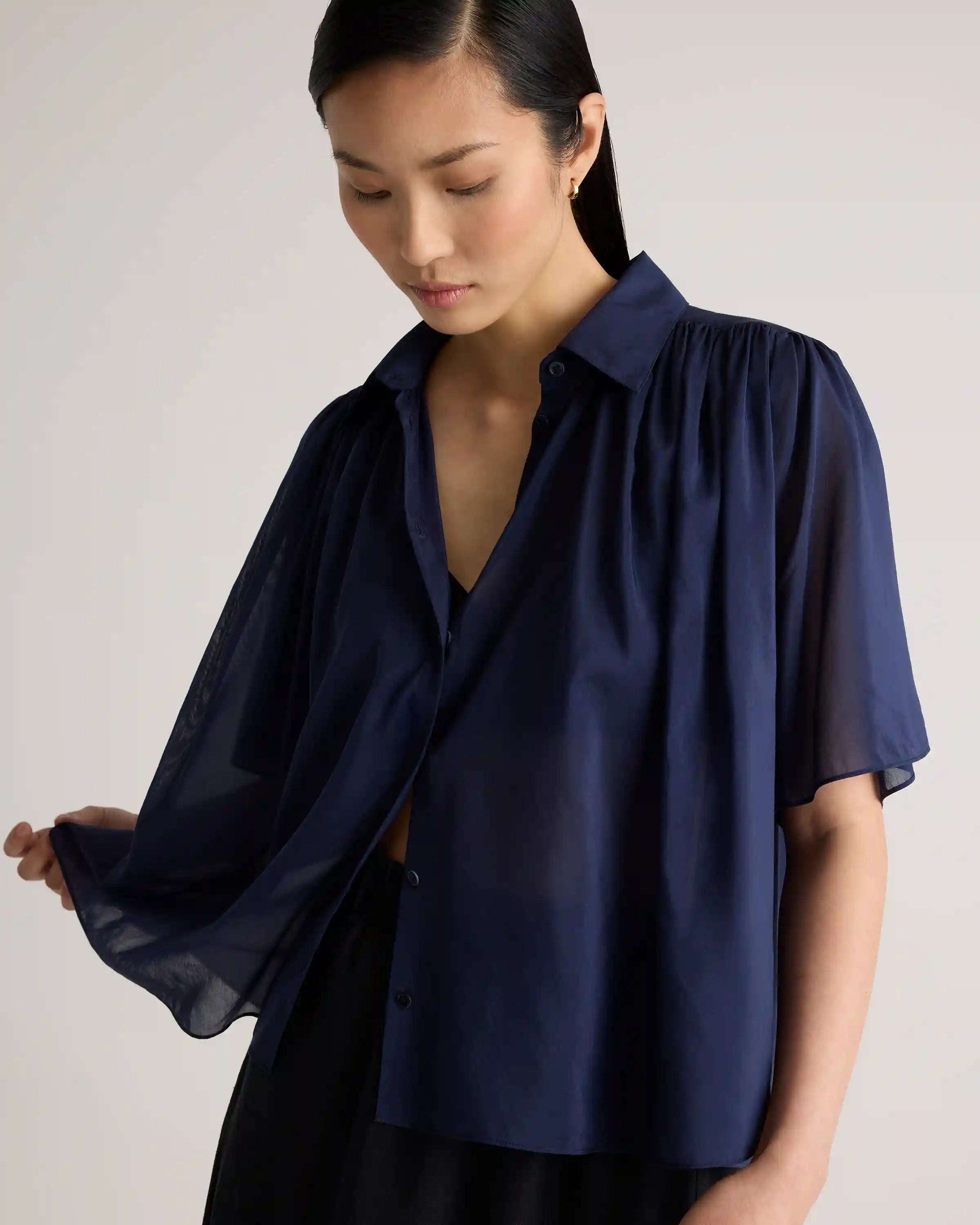 Cotton-Silk Voile Short Sleeve Blouse