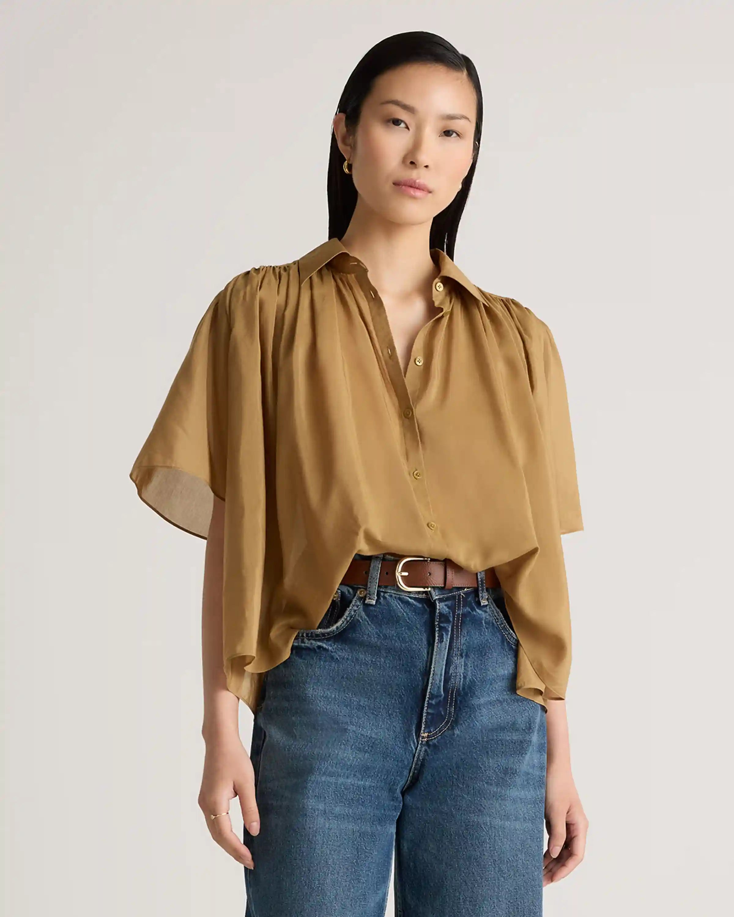 Cotton-Silk Voile Short Sleeve Blouse