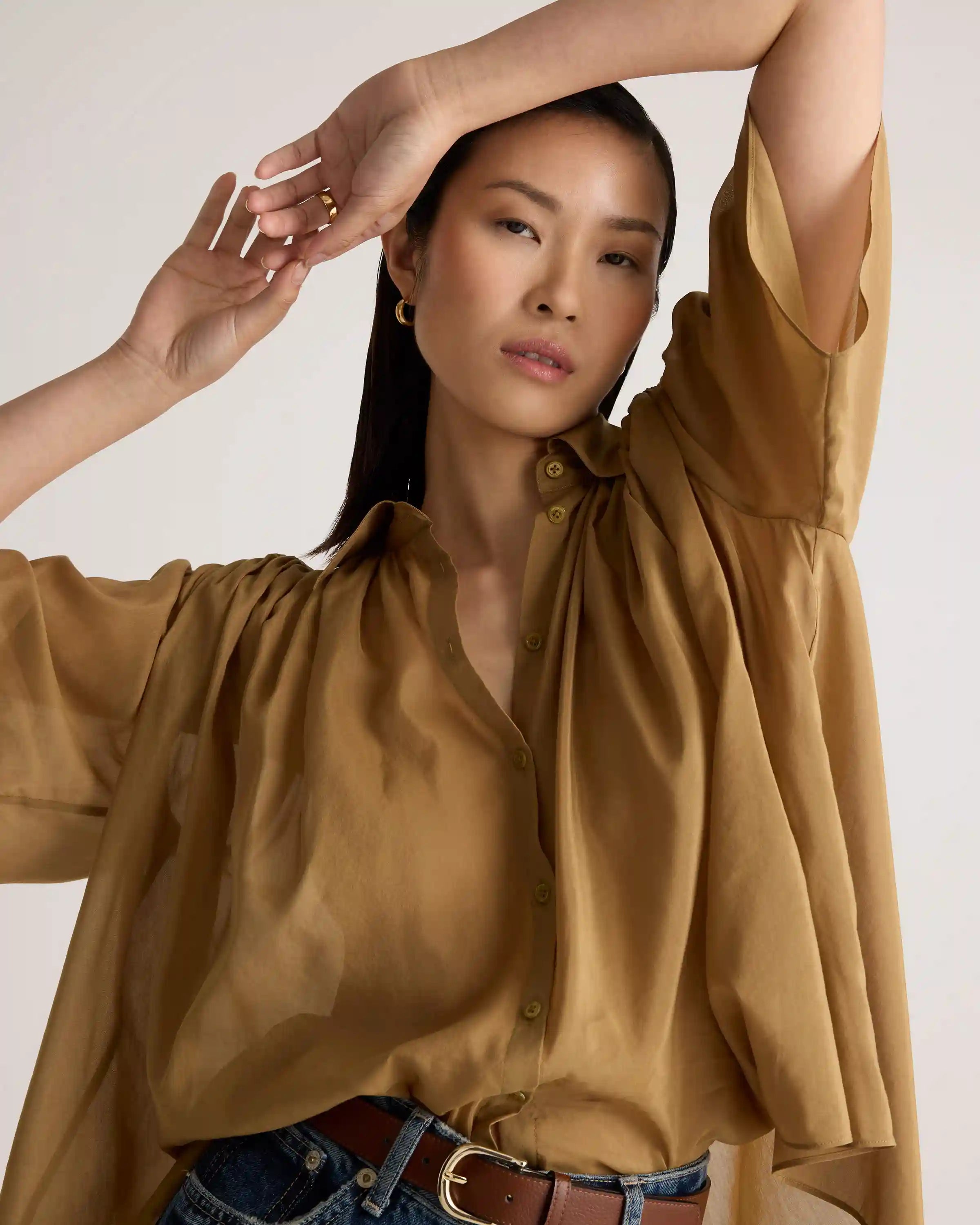 Cotton-Silk Voile Short Sleeve Blouse