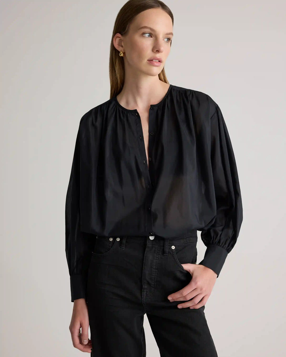 Cotton-Silk Voile Blouson Blouse