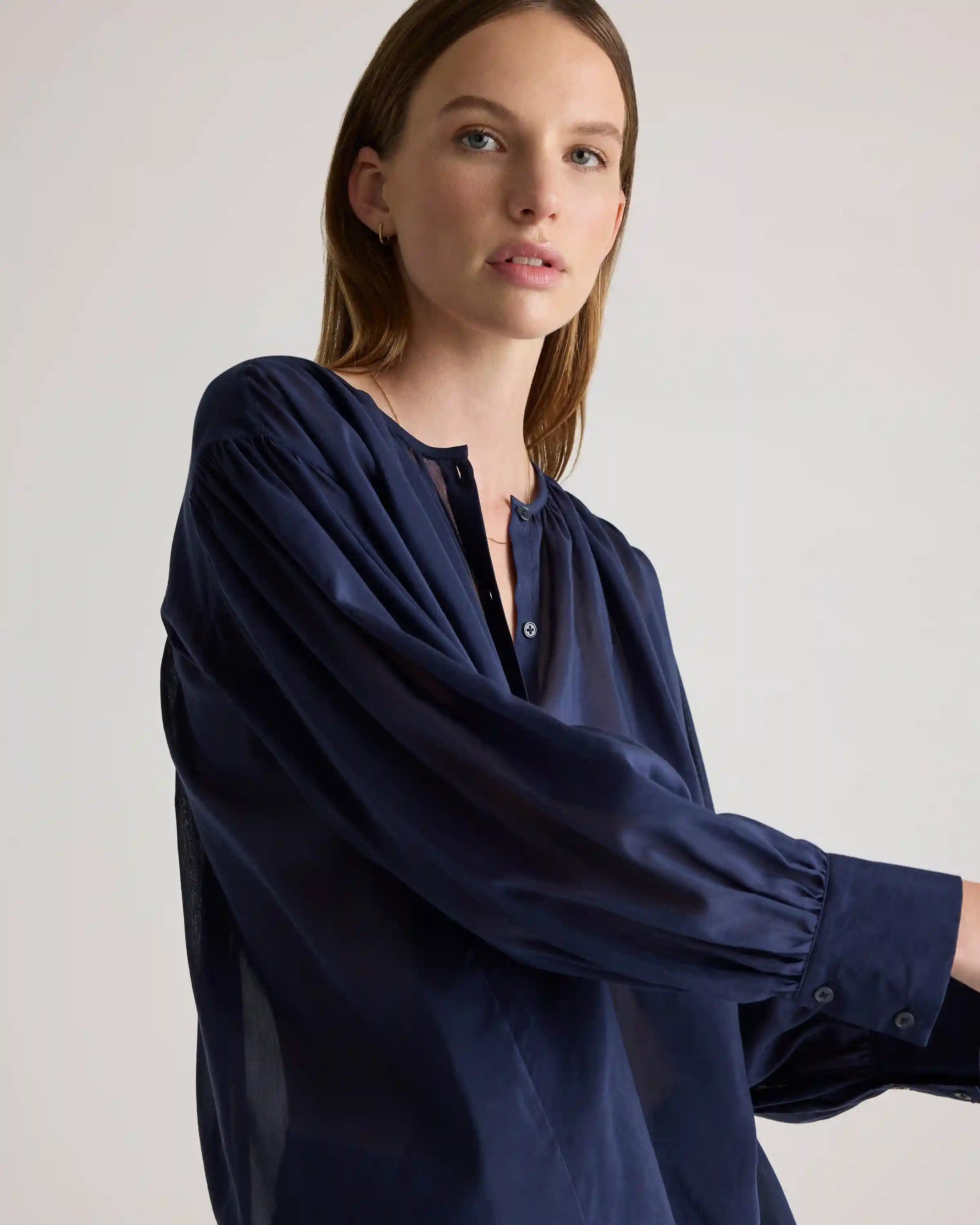 Cotton-Silk Voile Blouson Blouse
