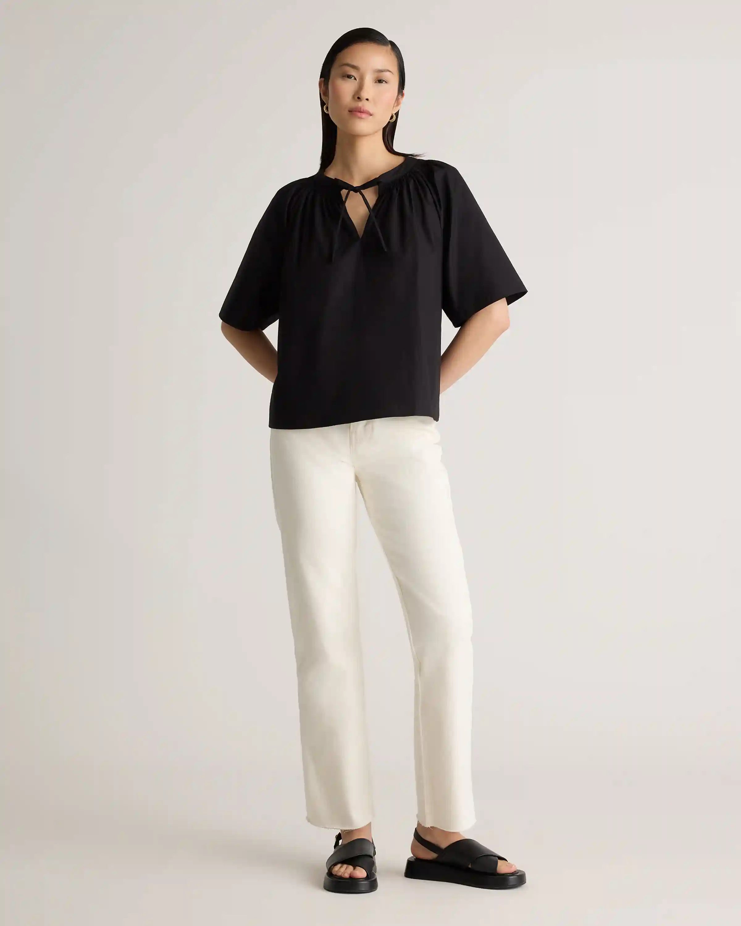 100% Organic Cotton Poplin Split Neck Top
