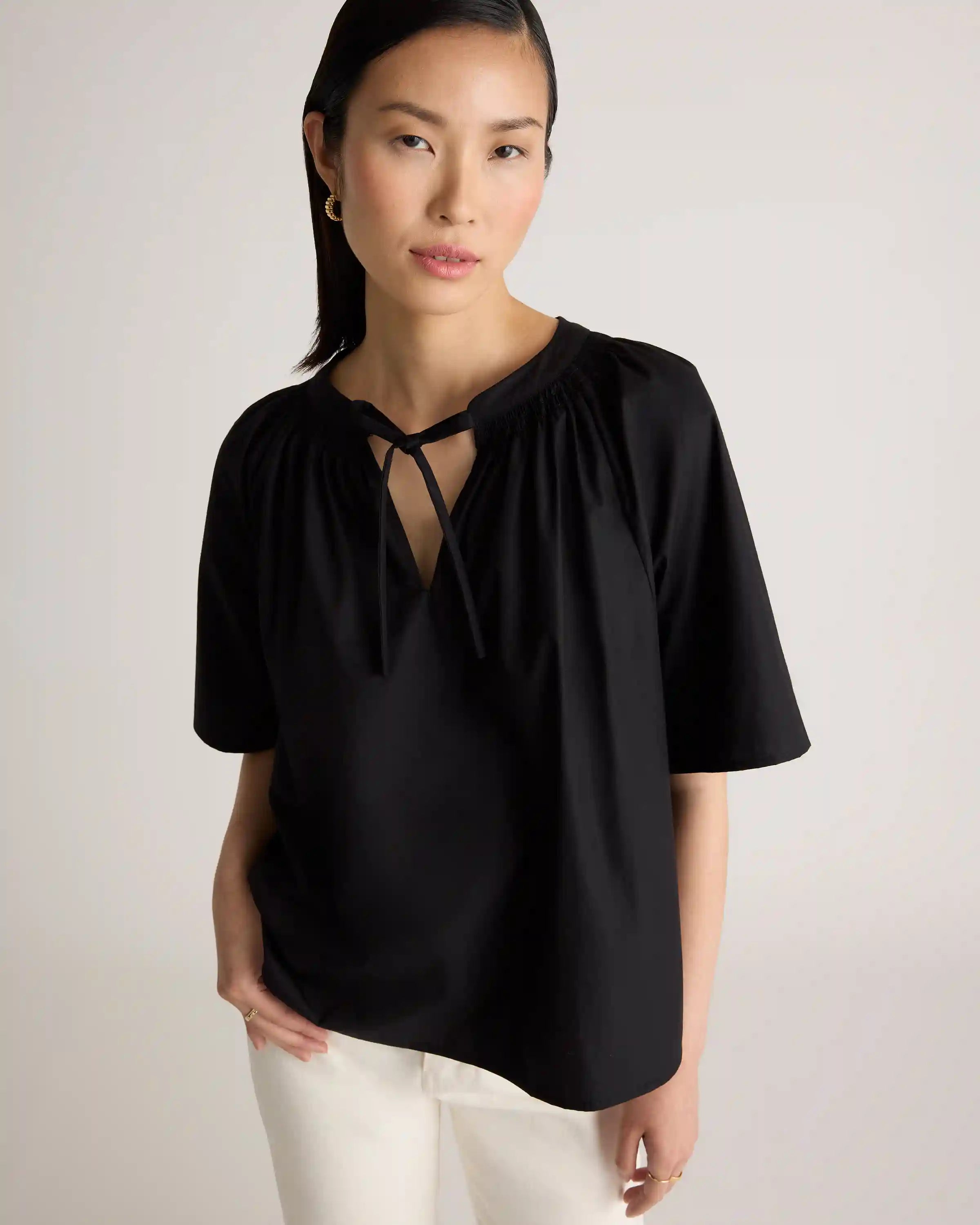 100% Organic Cotton Poplin Split Neck Top