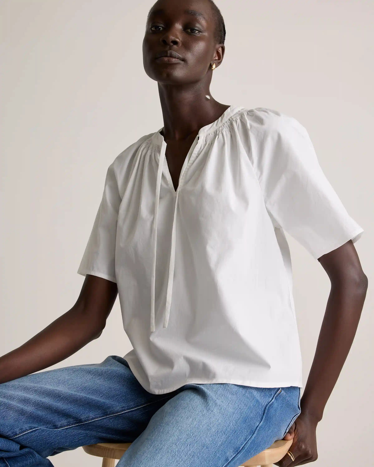 100% Organic Cotton Poplin Split Neck Top