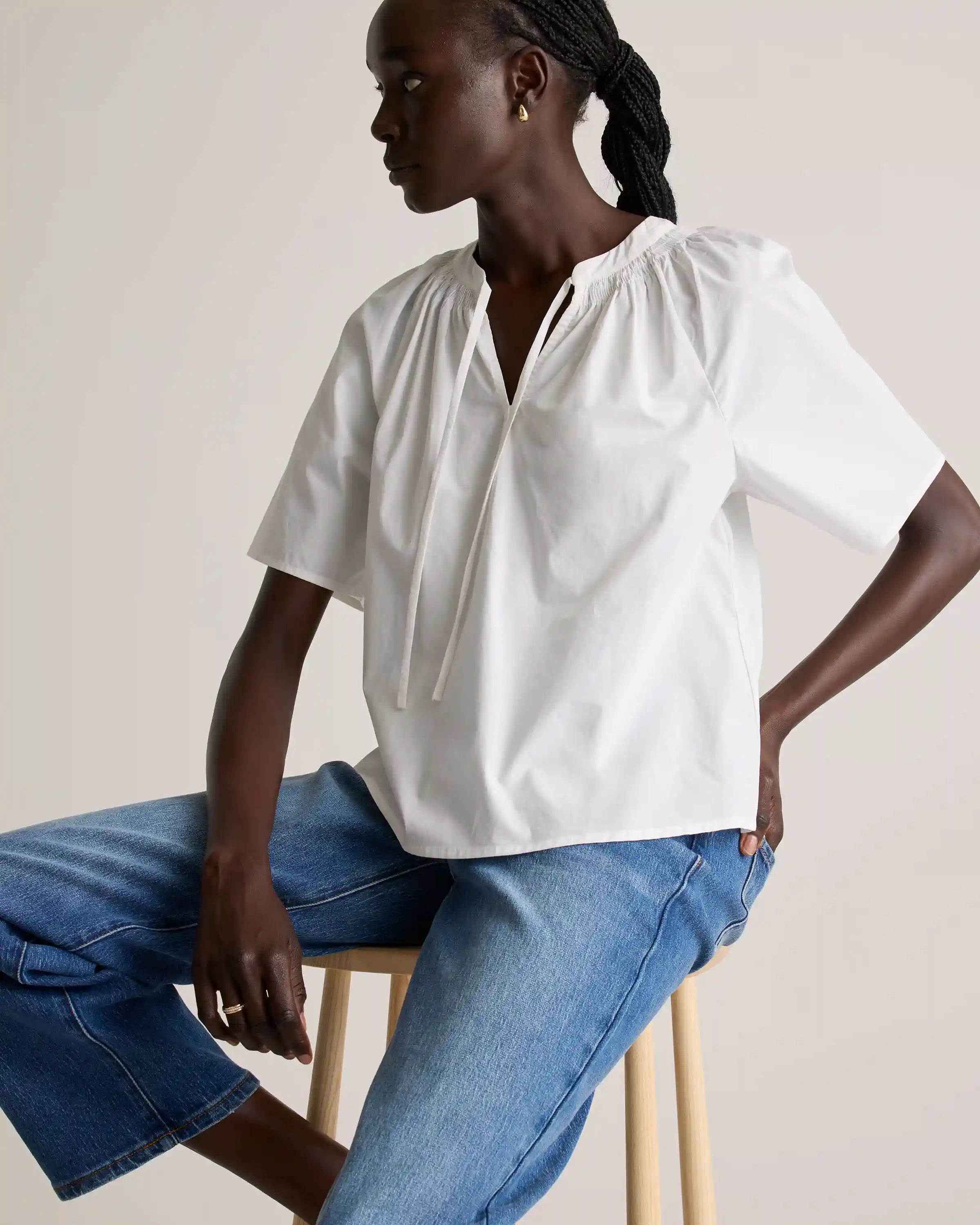 100% Organic Cotton Poplin Split Neck Top