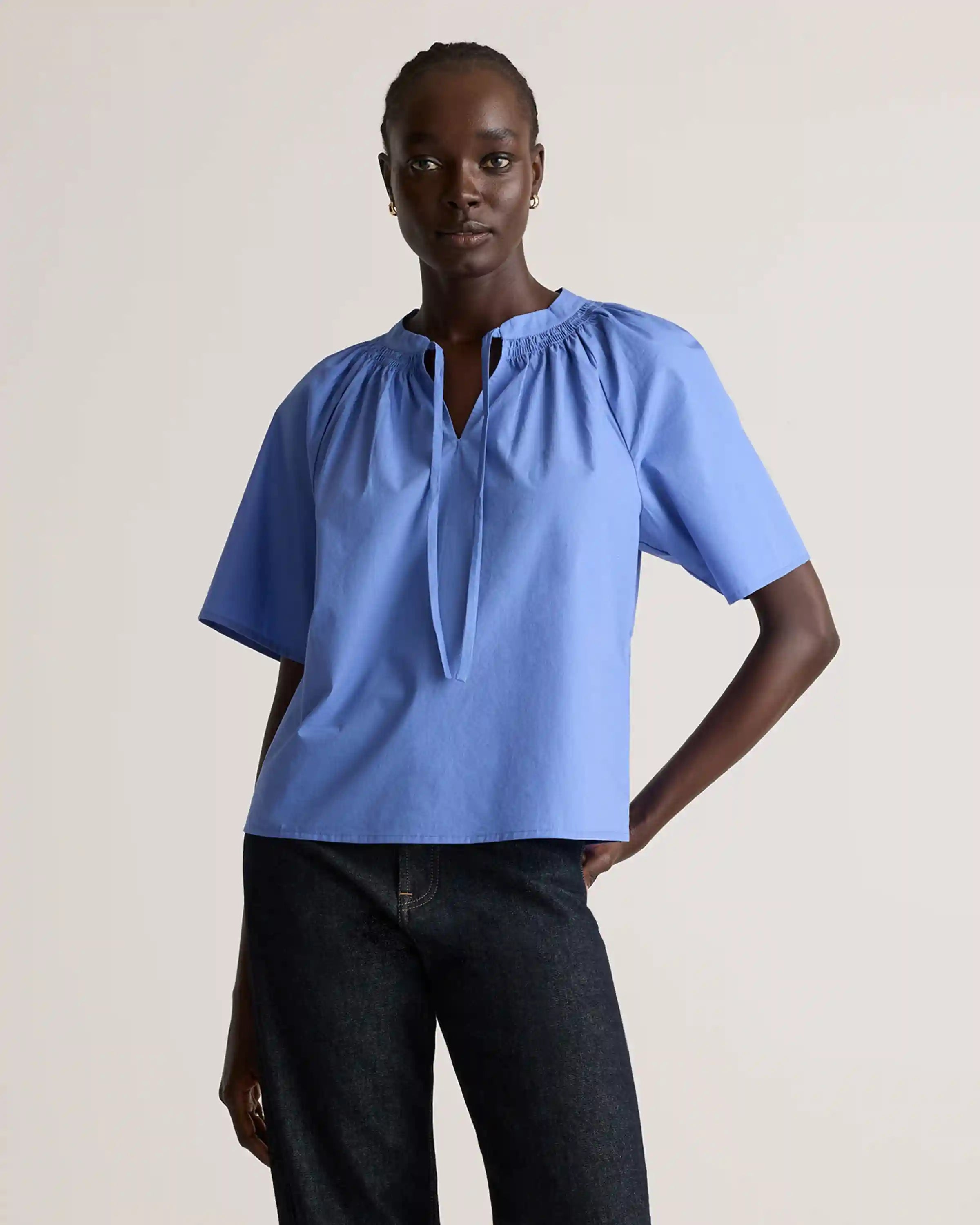 100% Organic Cotton Poplin Split Neck Top