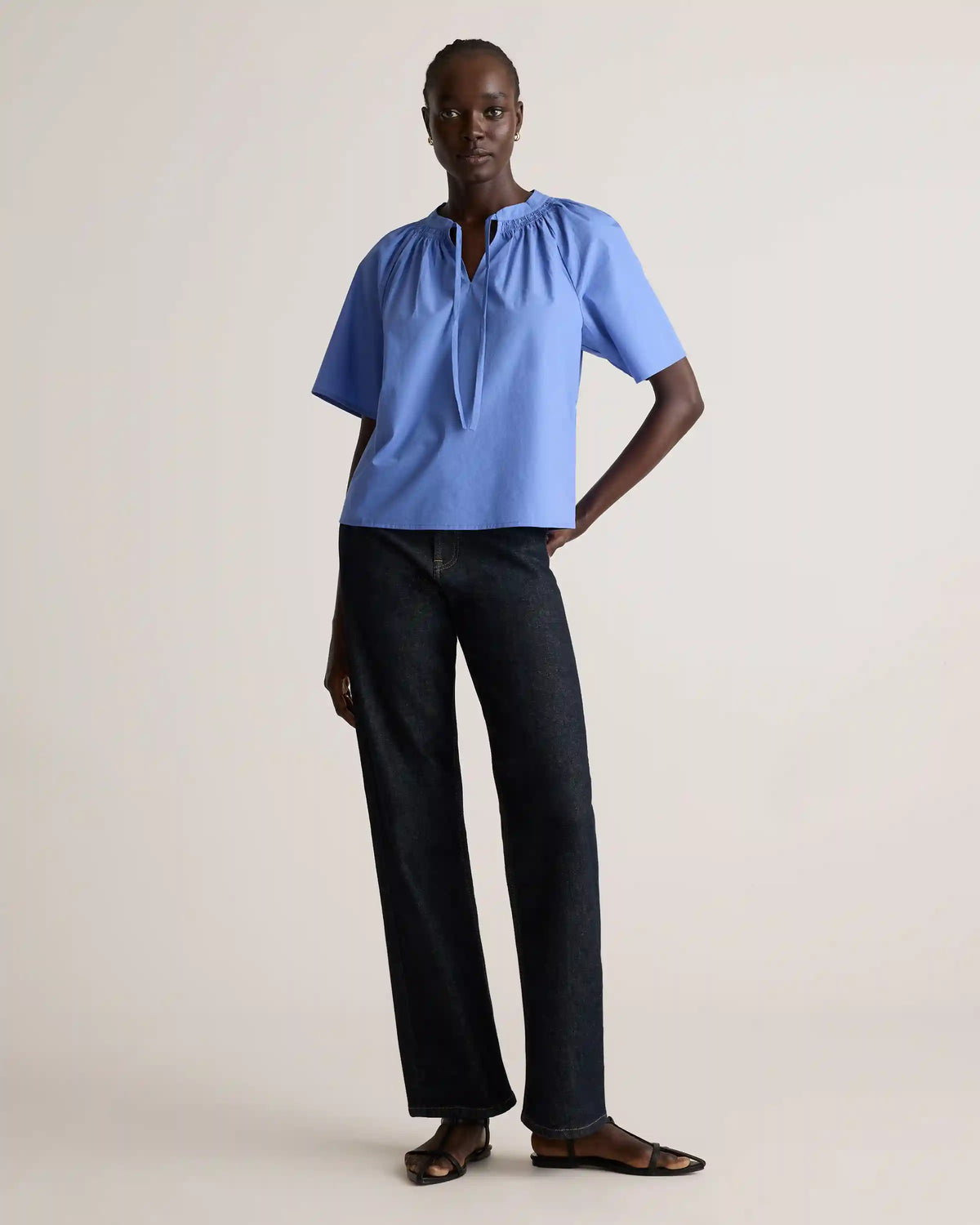100% Organic Cotton Poplin Split Neck Top