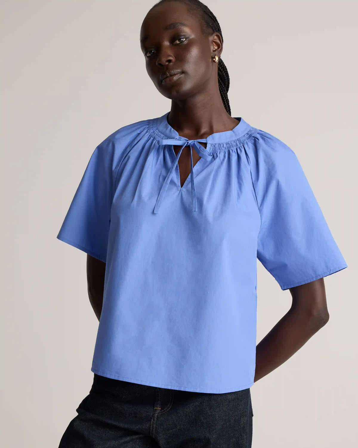 100% Organic Cotton Poplin Split Neck Top
