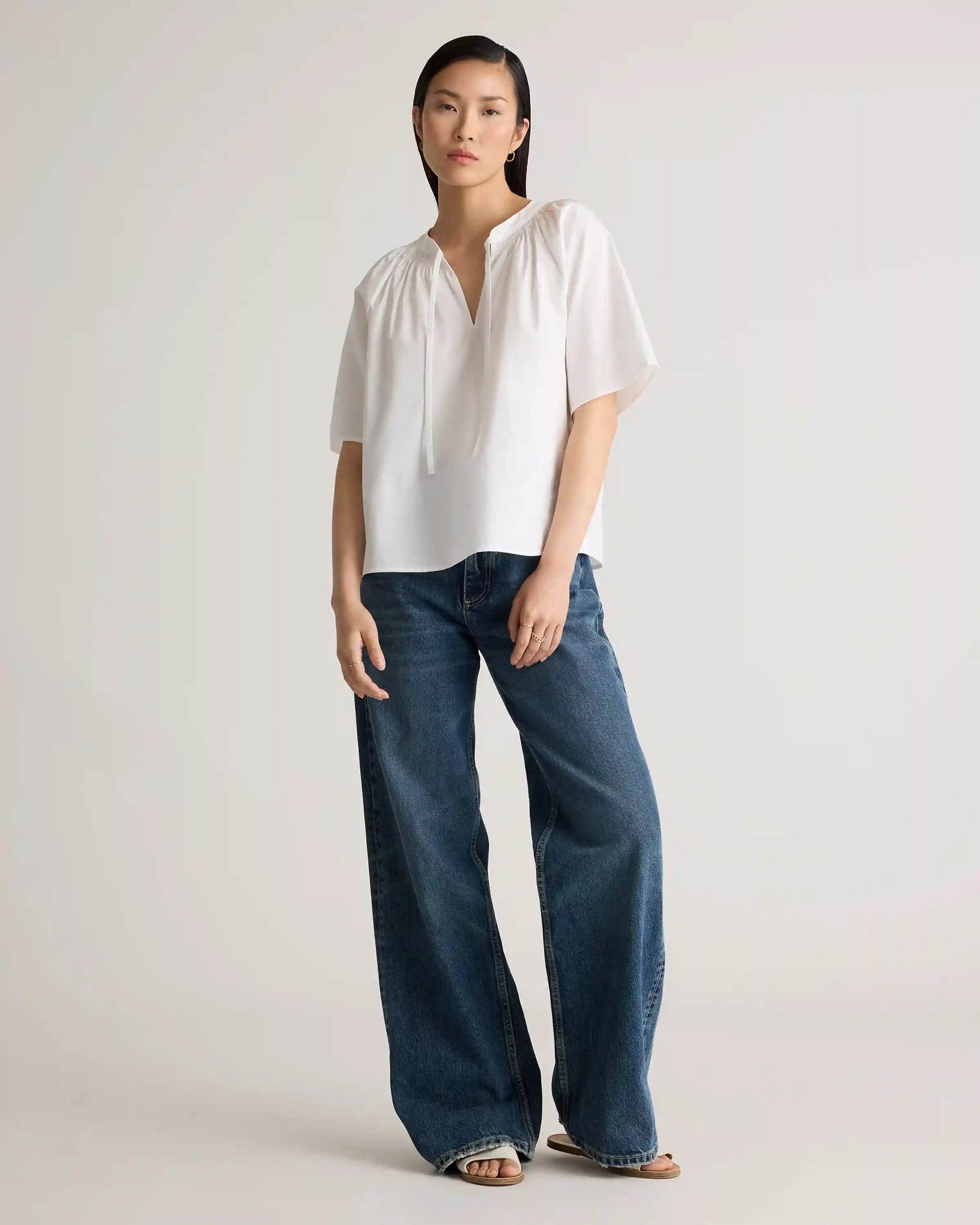 100% Organic Cotton Poplin Split Neck Top