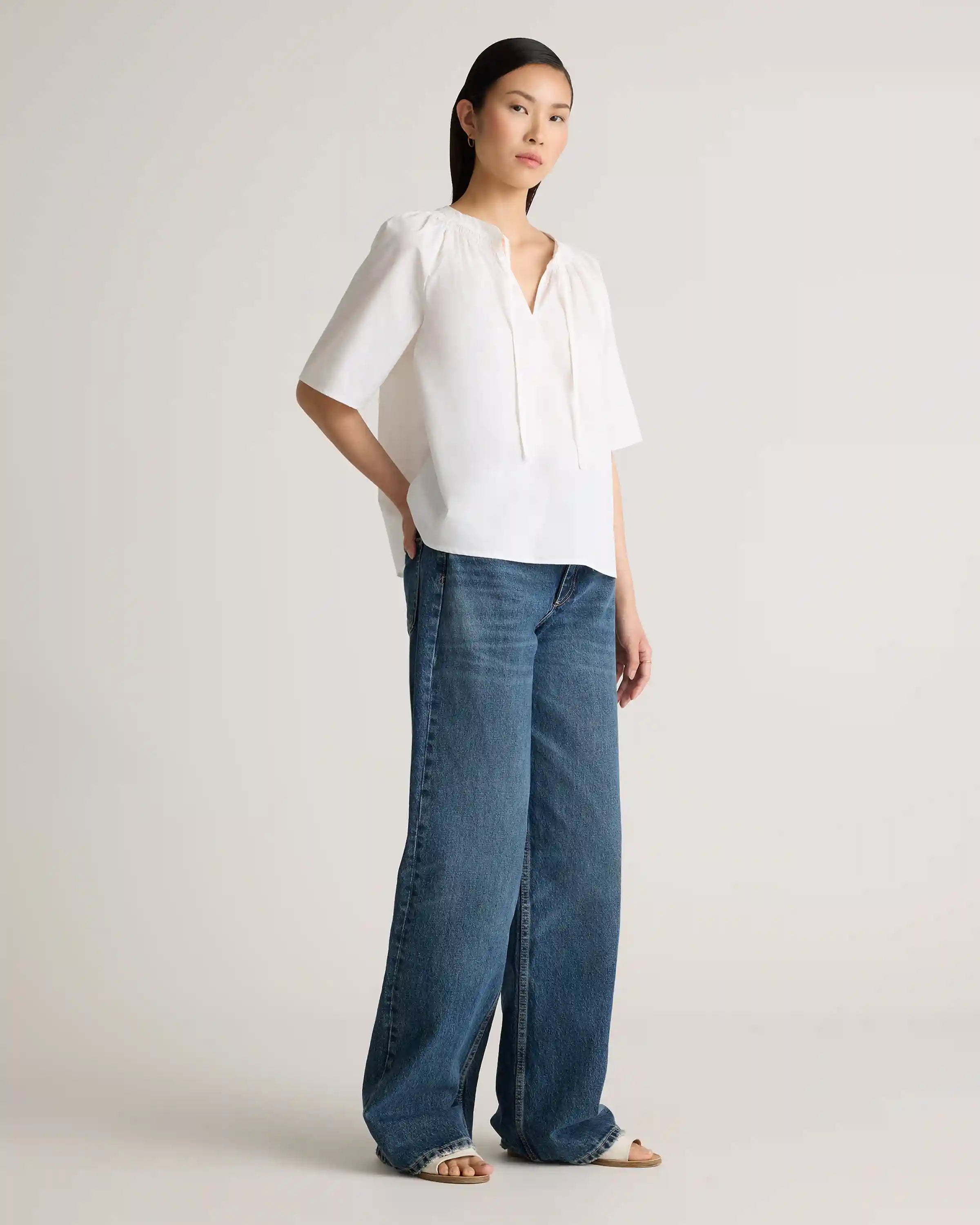 100% Organic Cotton Poplin Split Neck Top