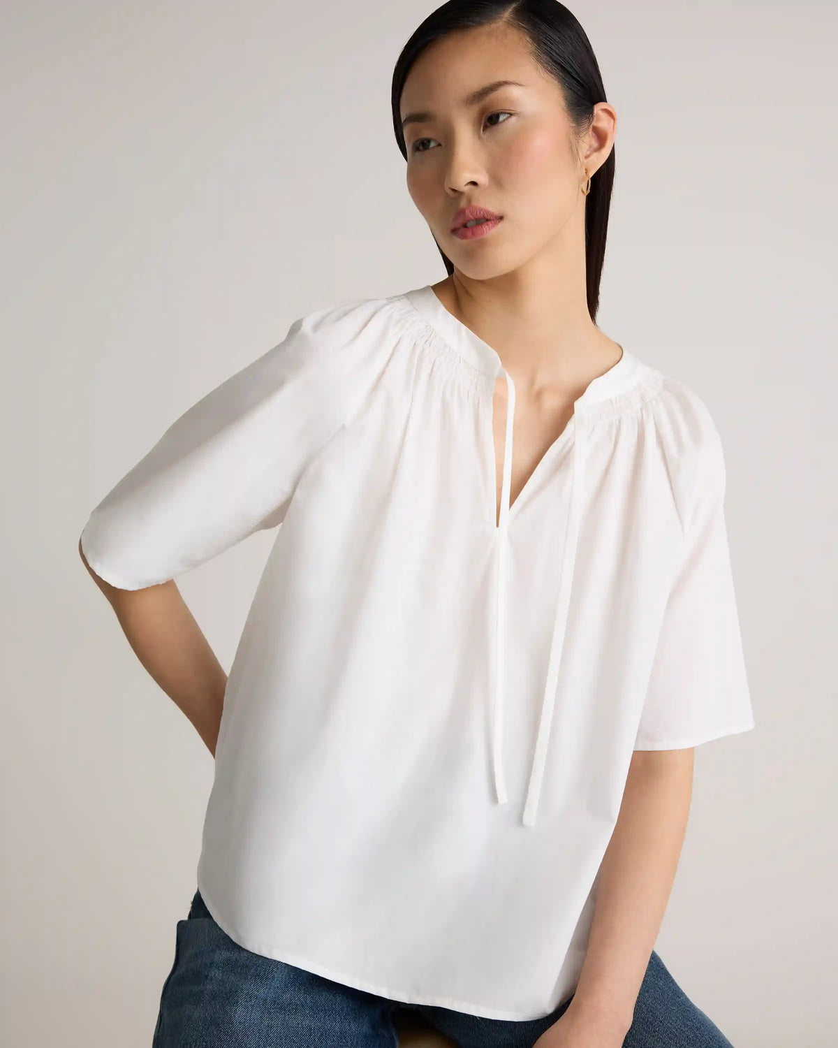 100% Organic Cotton Poplin Split Neck Top