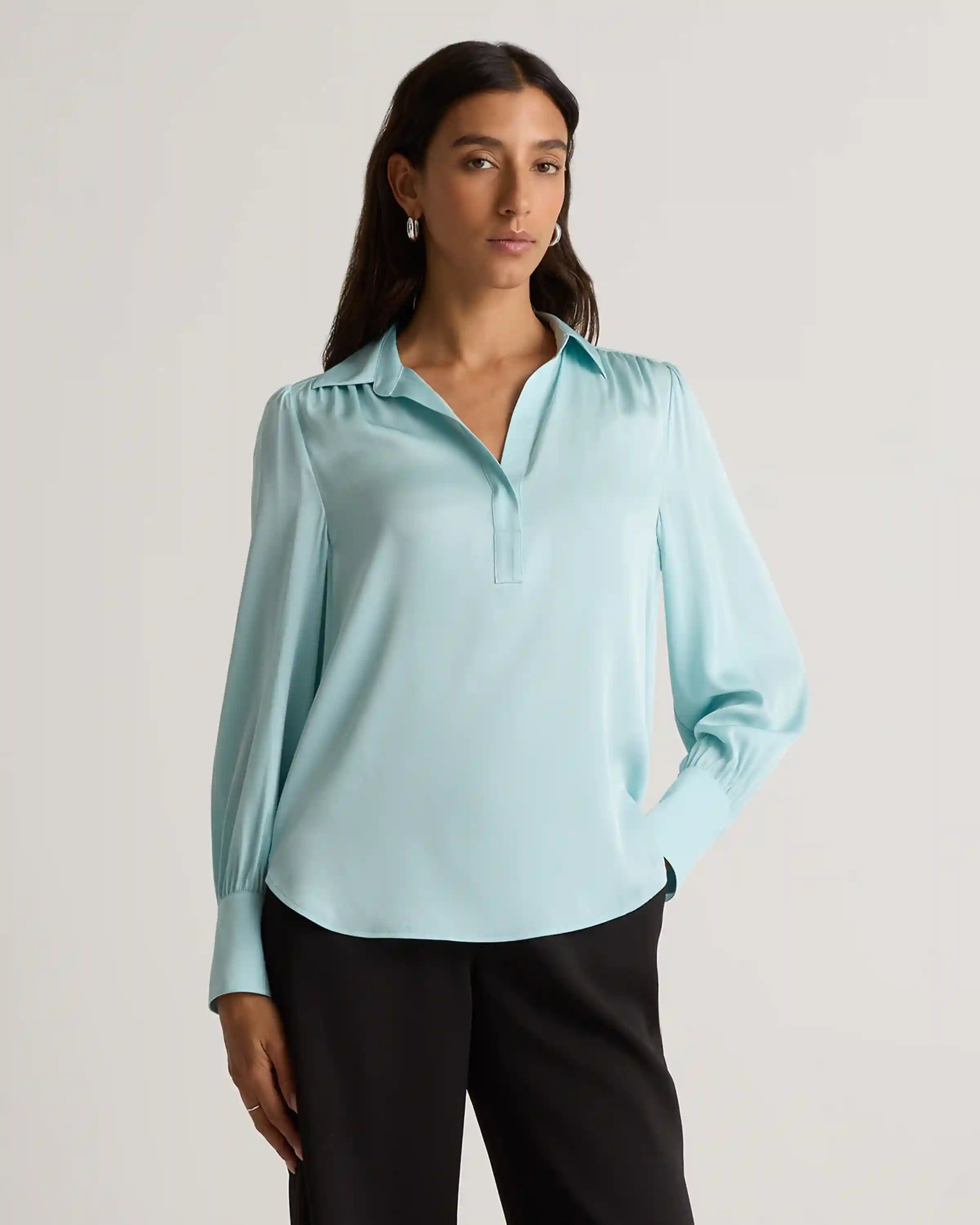 Washable Stretch Silk Split Neck Blouse