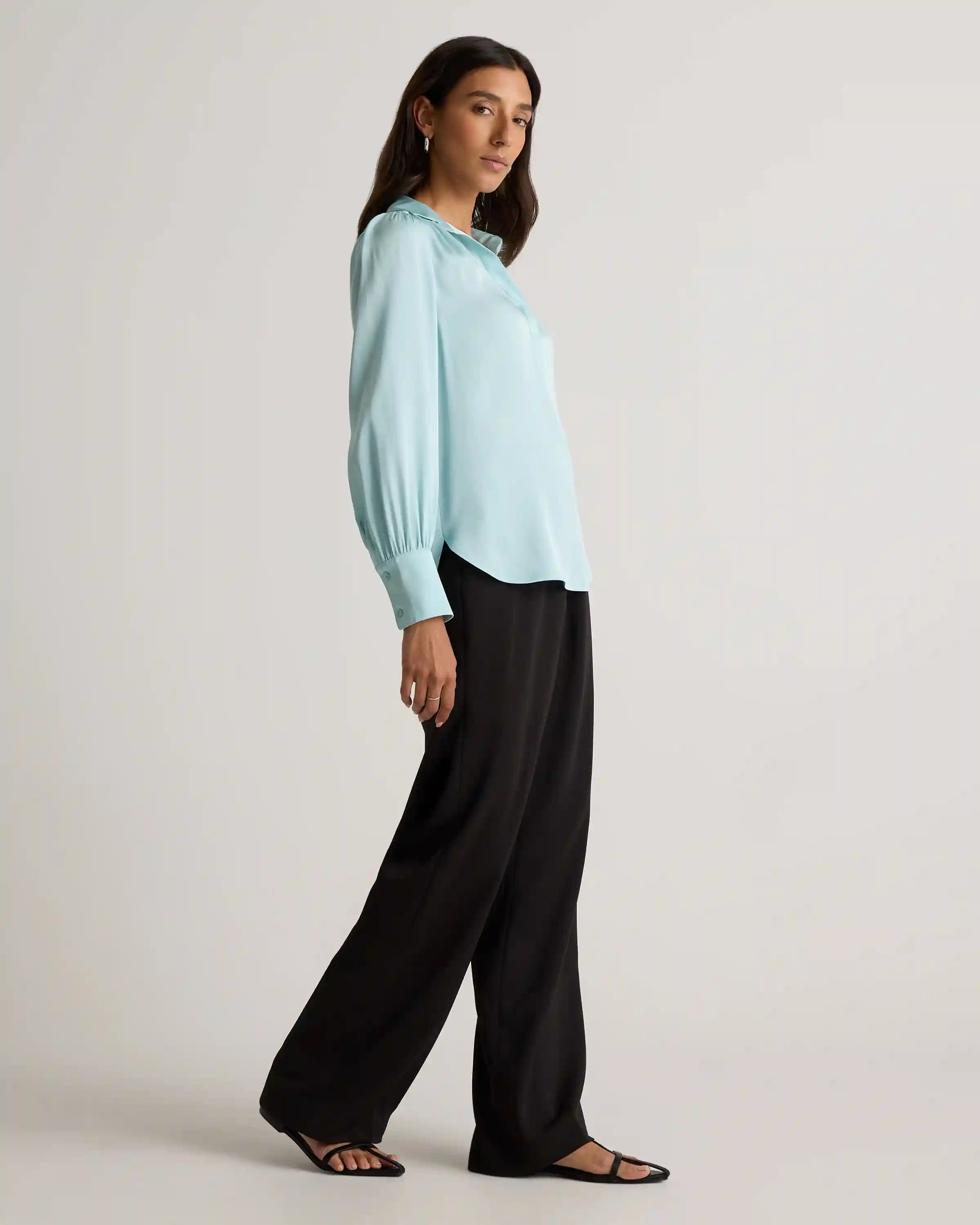 Washable Stretch Silk Split Neck Blouse