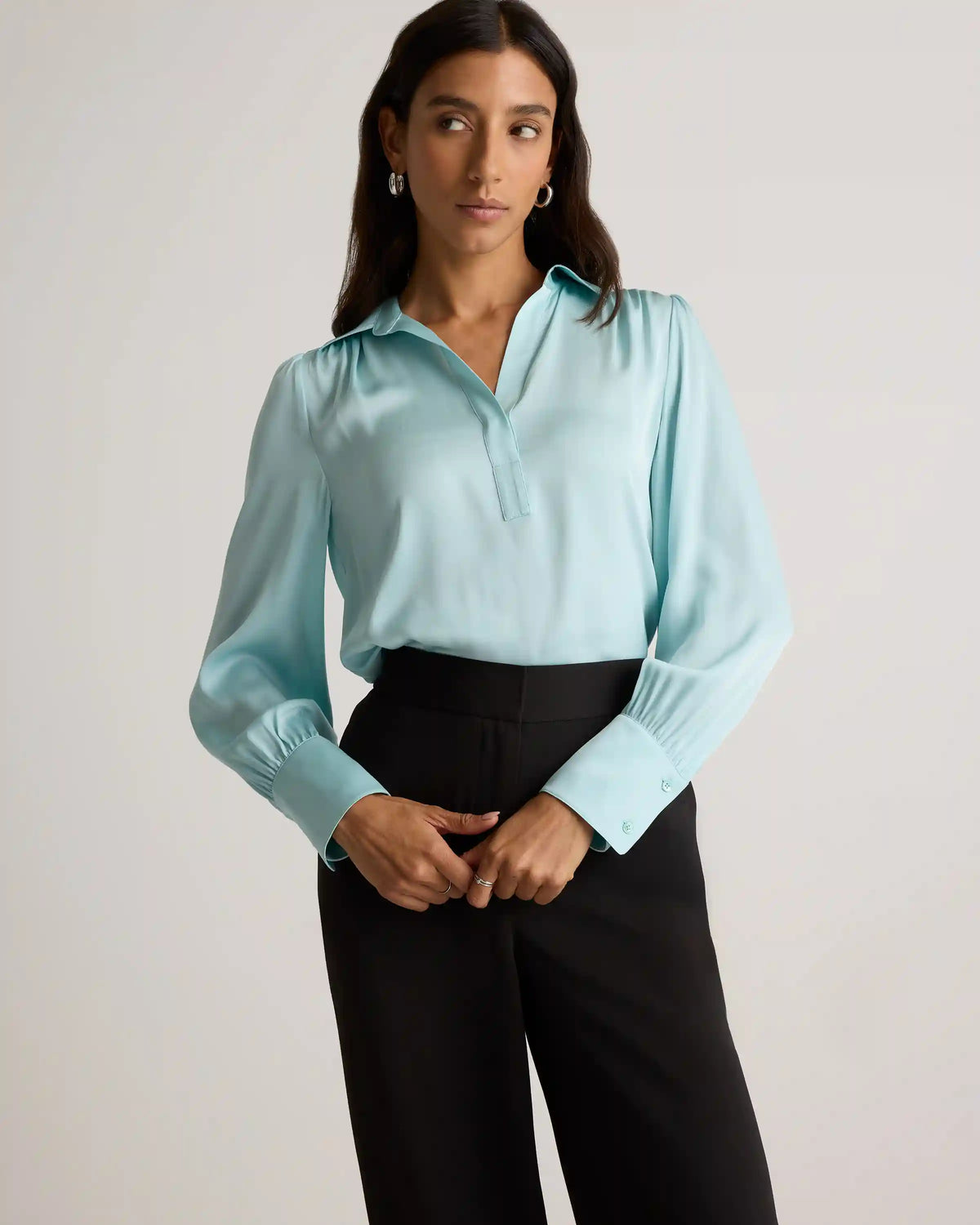 Washable Stretch Silk Split Neck Blouse
