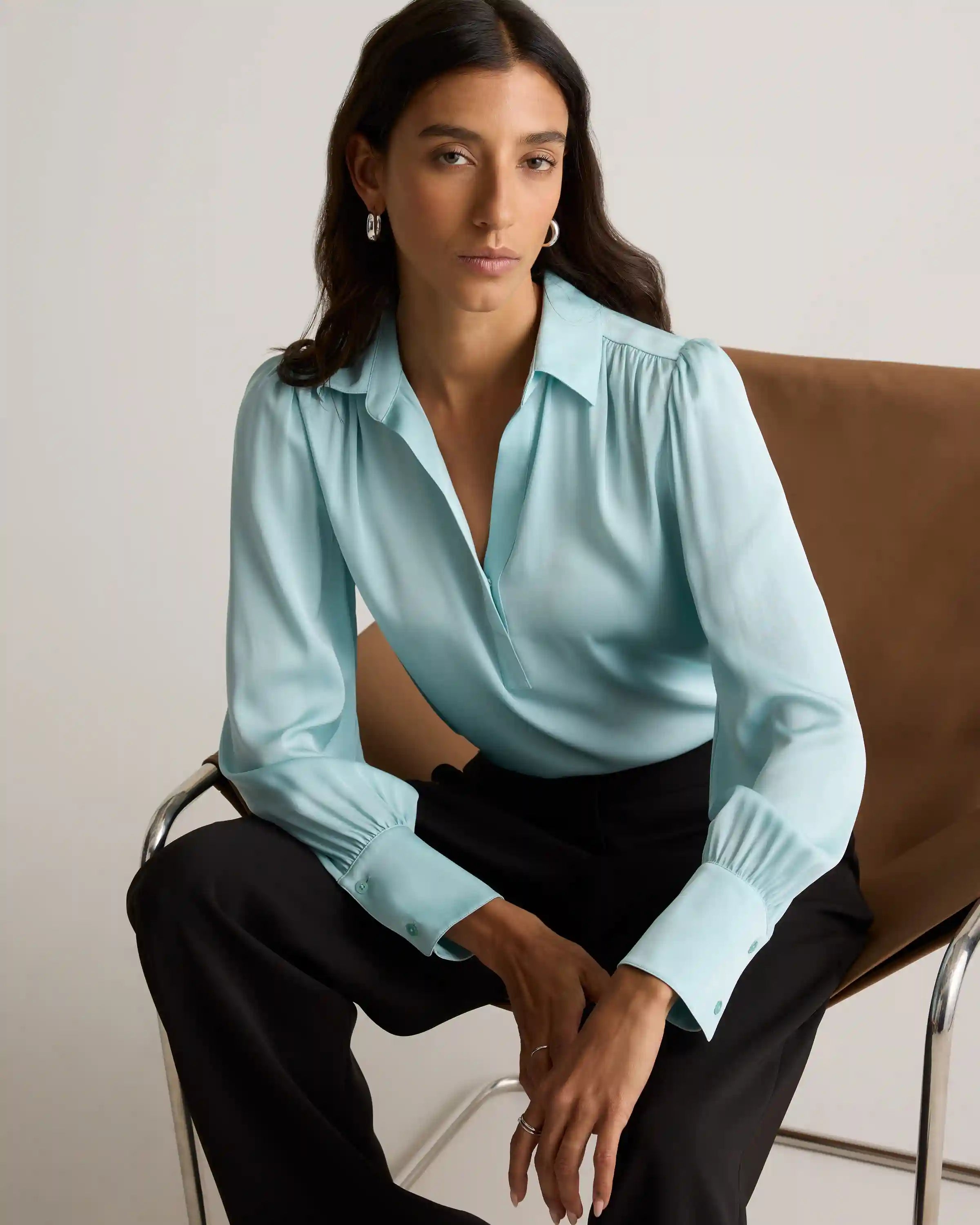 Washable Stretch Silk Split Neck Blouse