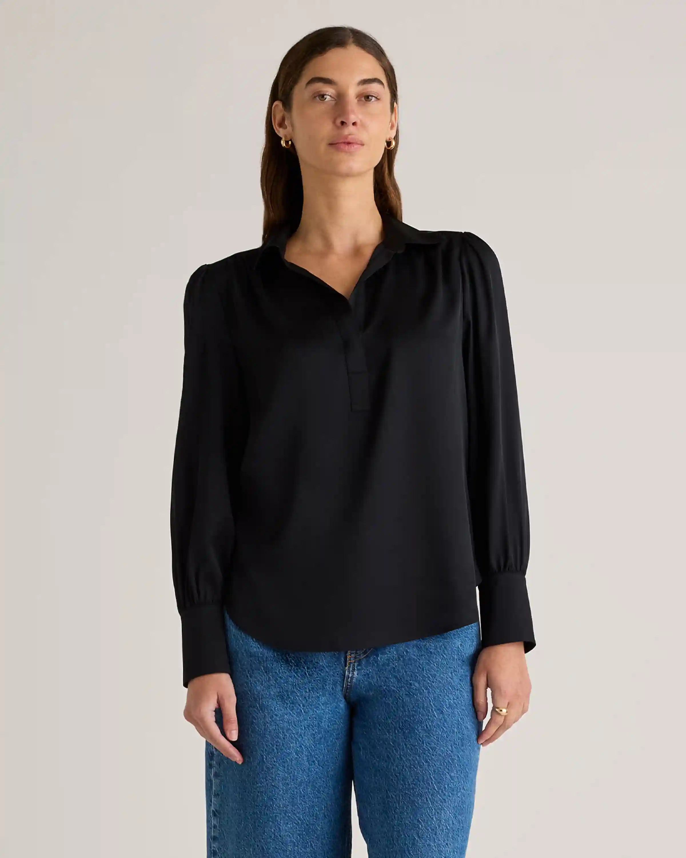 Washable Stretch Silk Split Neck Blouse