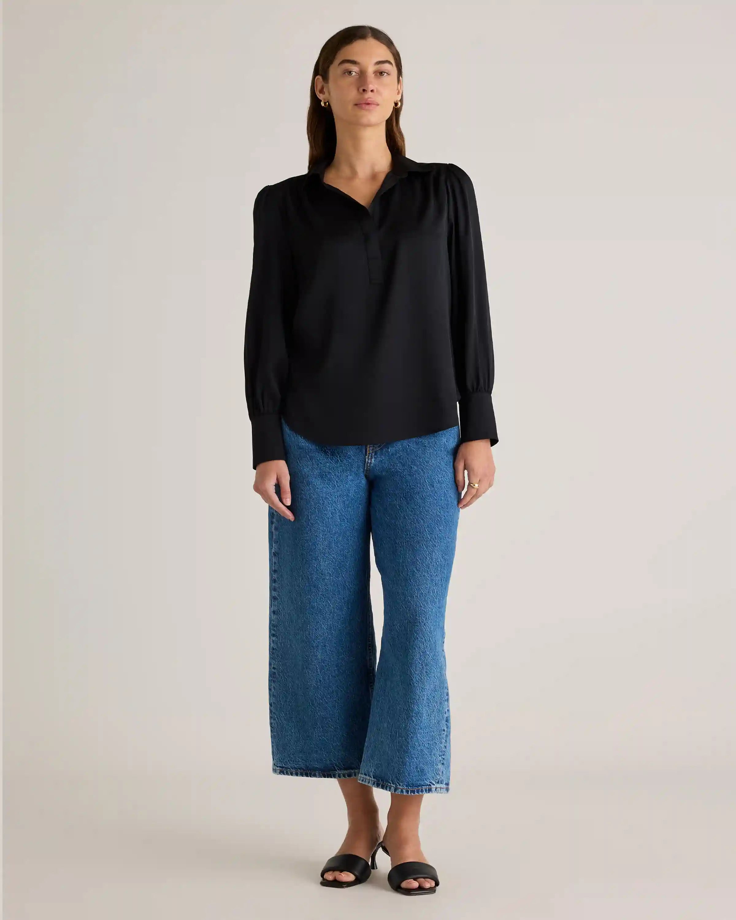 Washable Stretch Silk Split Neck Blouse