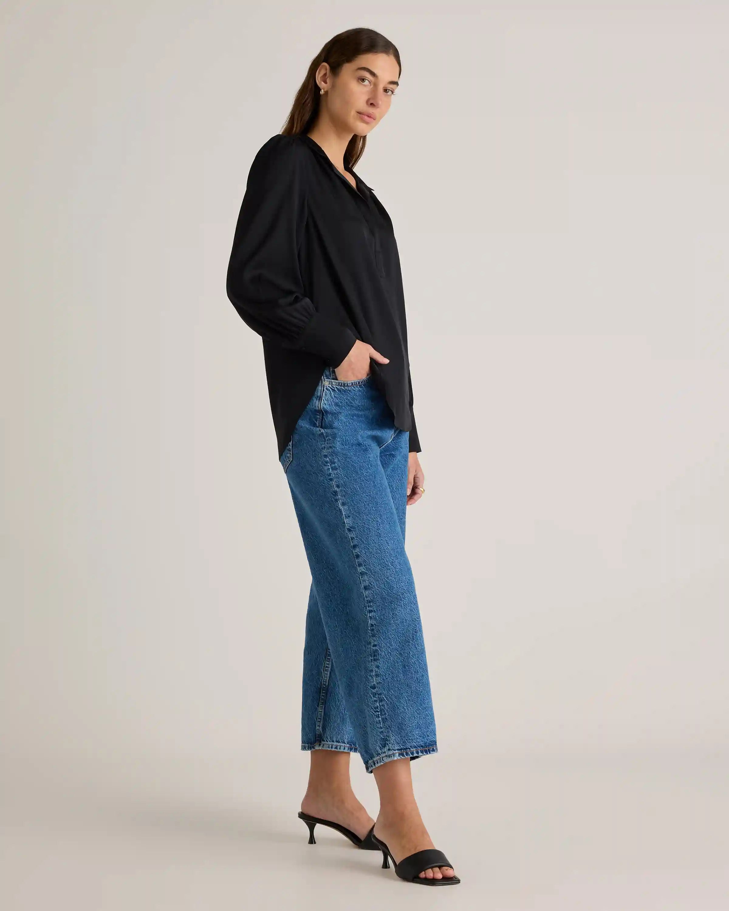 Washable Stretch Silk Split Neck Blouse