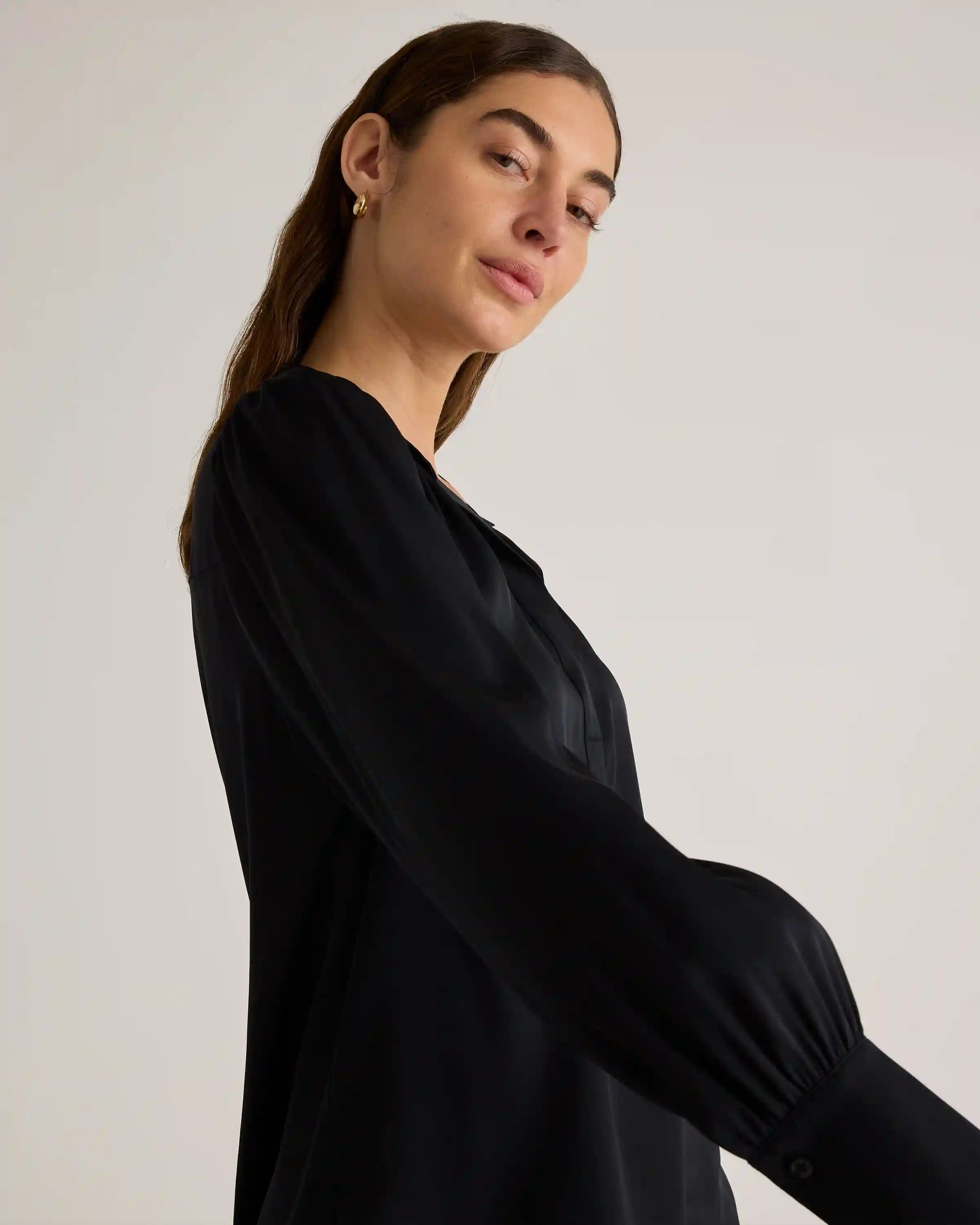 Washable Stretch Silk Split Neck Blouse