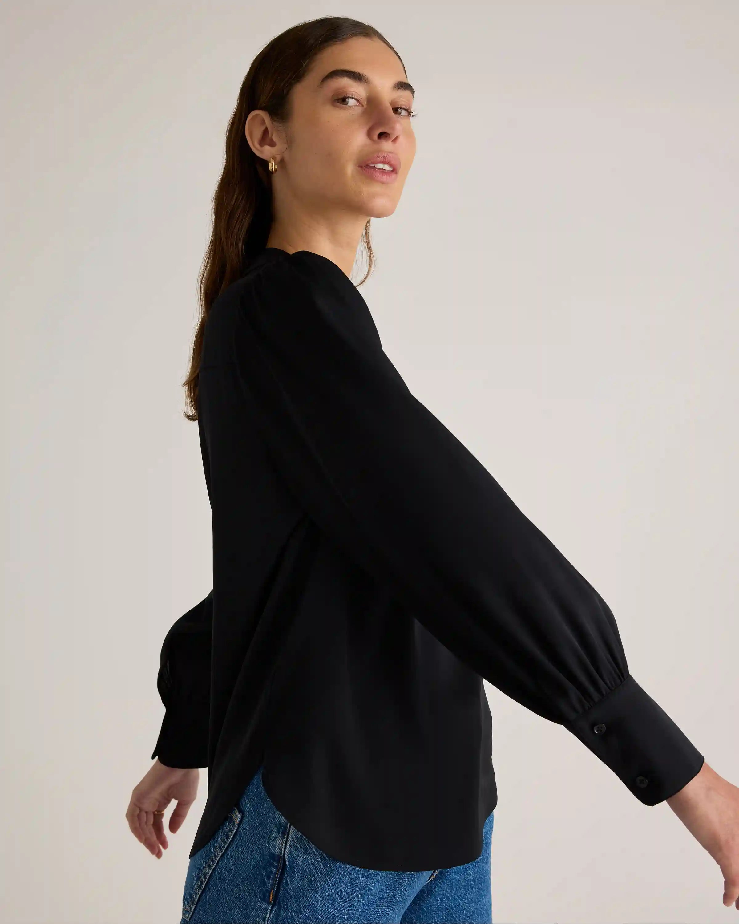 Washable Stretch Silk Split Neck Blouse