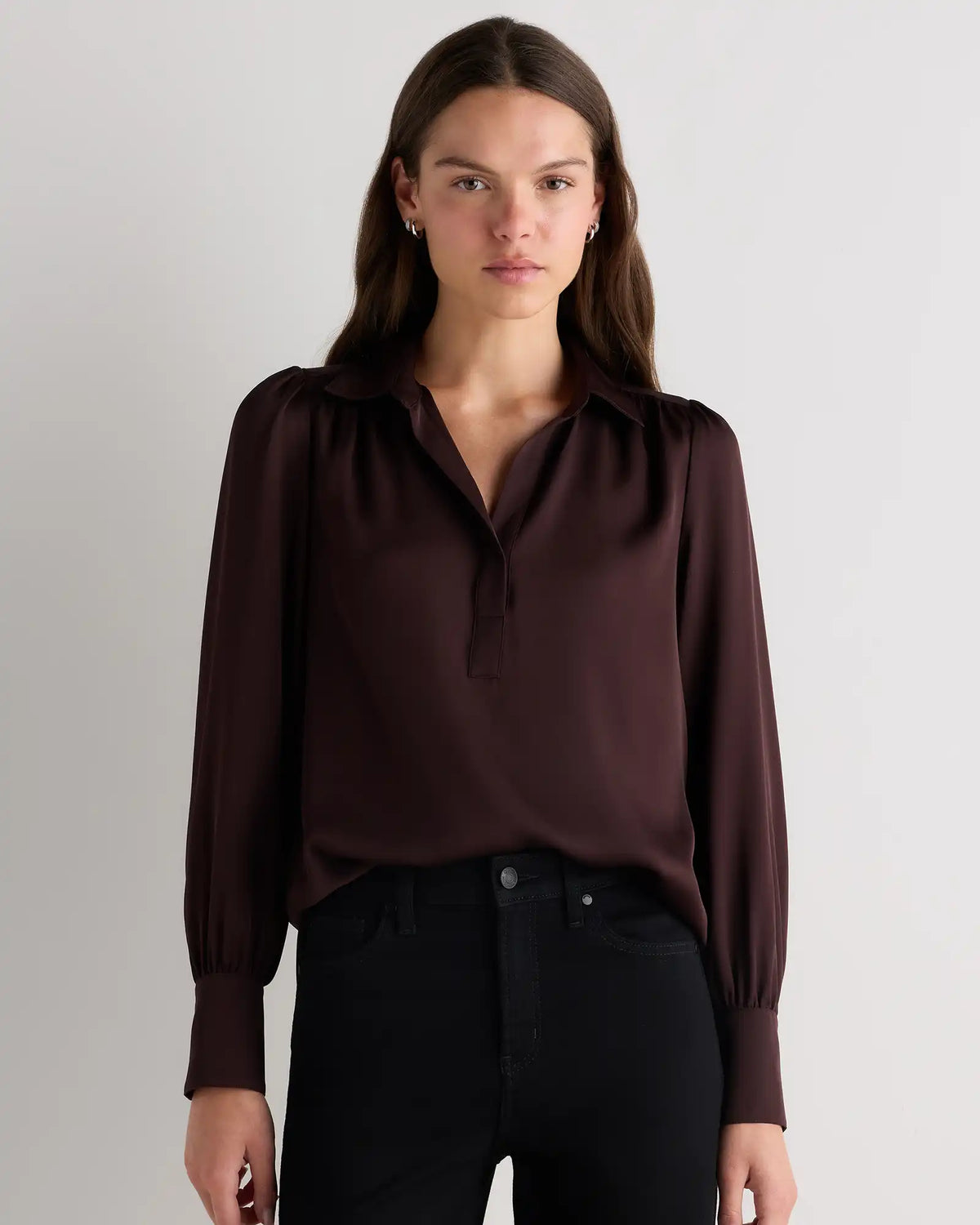 Washable Stretch Silk Split Neck Blouse